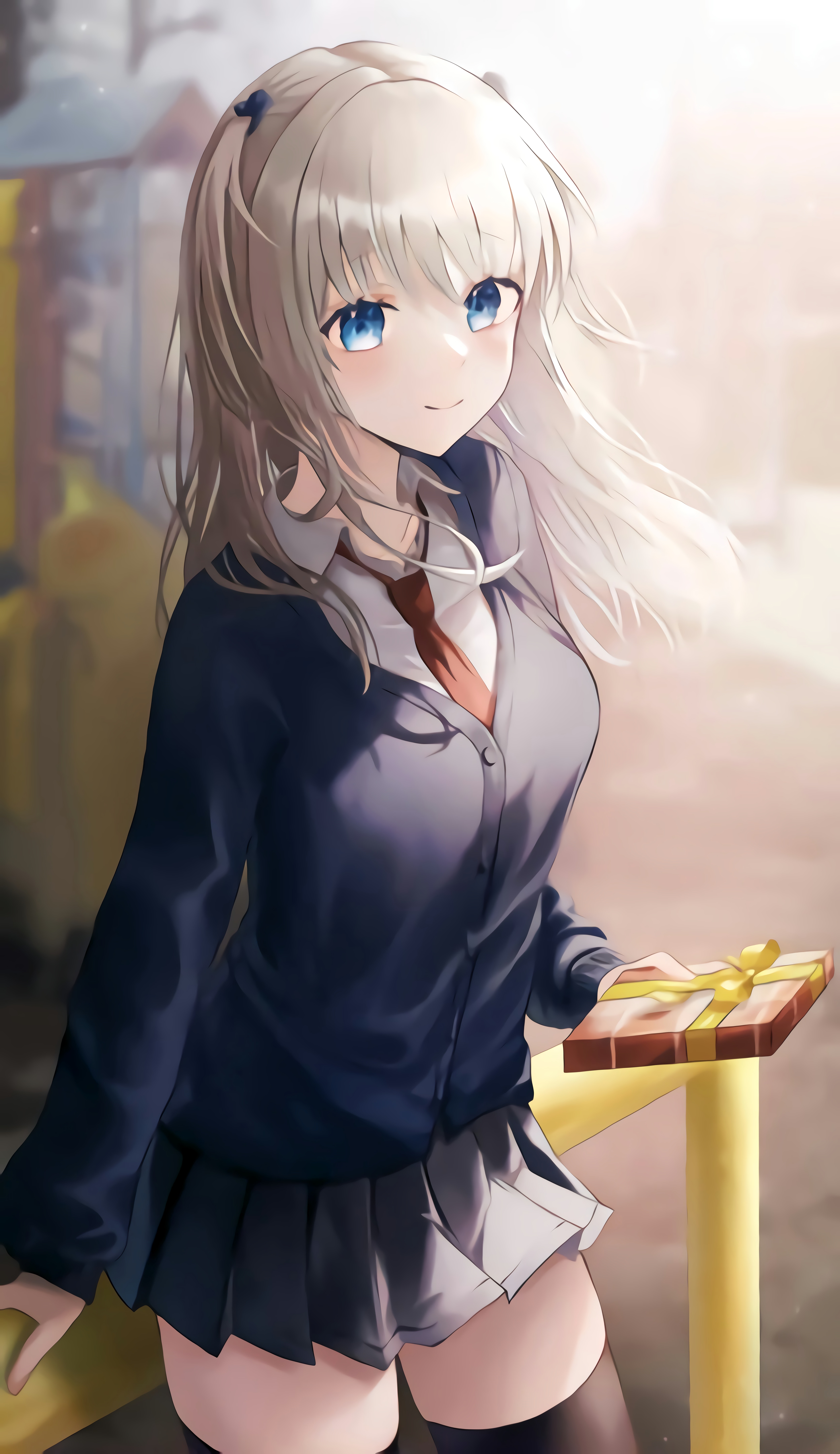 Anime girl in school uniform holding a gift HD Phone Wallpaper