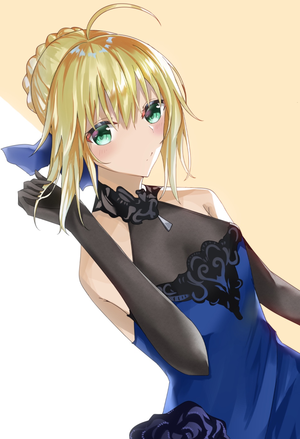 Saber in a blue dress with black gloves HD Phone Wallpaper