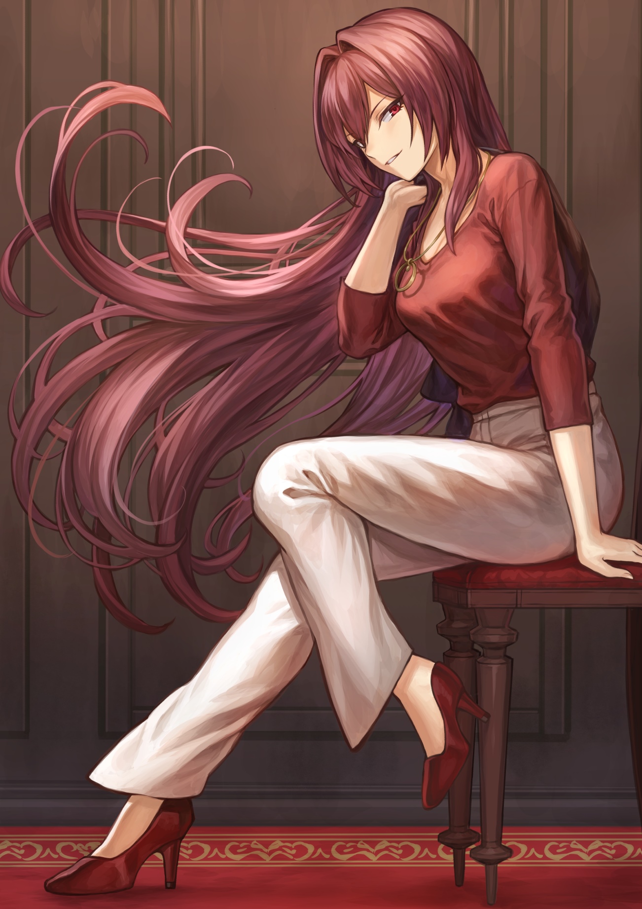 Woman with long red hair wearing red top and white pants HD Phone Wallpaper