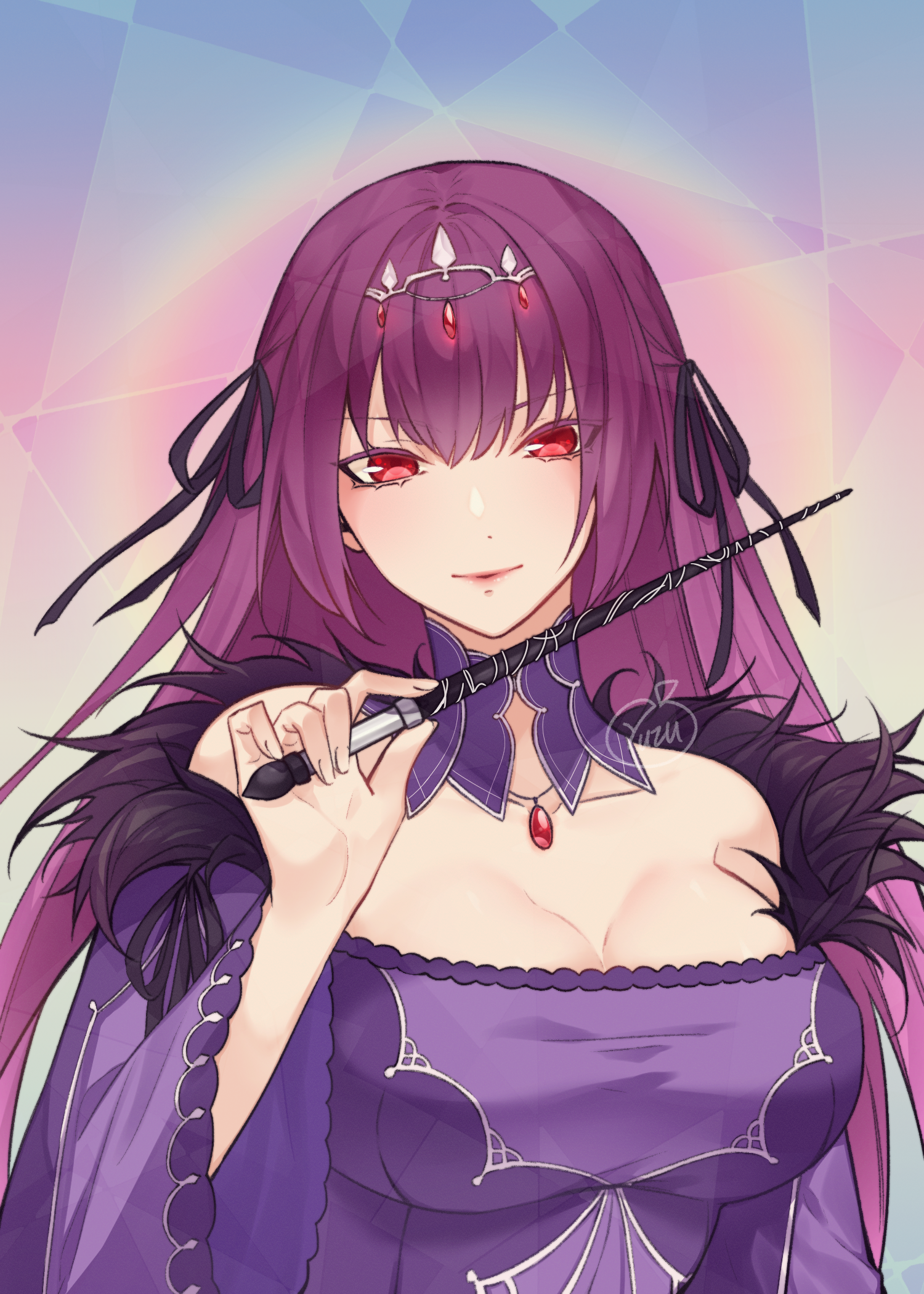 Scathach Skadi from Fate/Grand Order holding a staff HD Phone Wallpaper