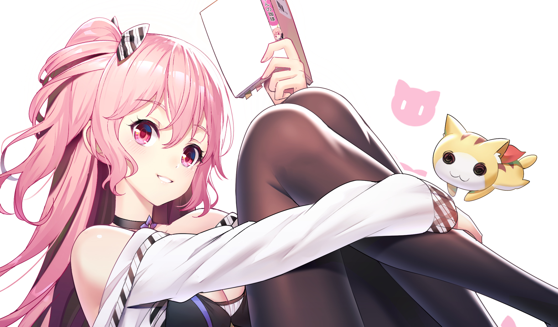 Anime girl with pink hair and a cat plushie HD Wallpaper