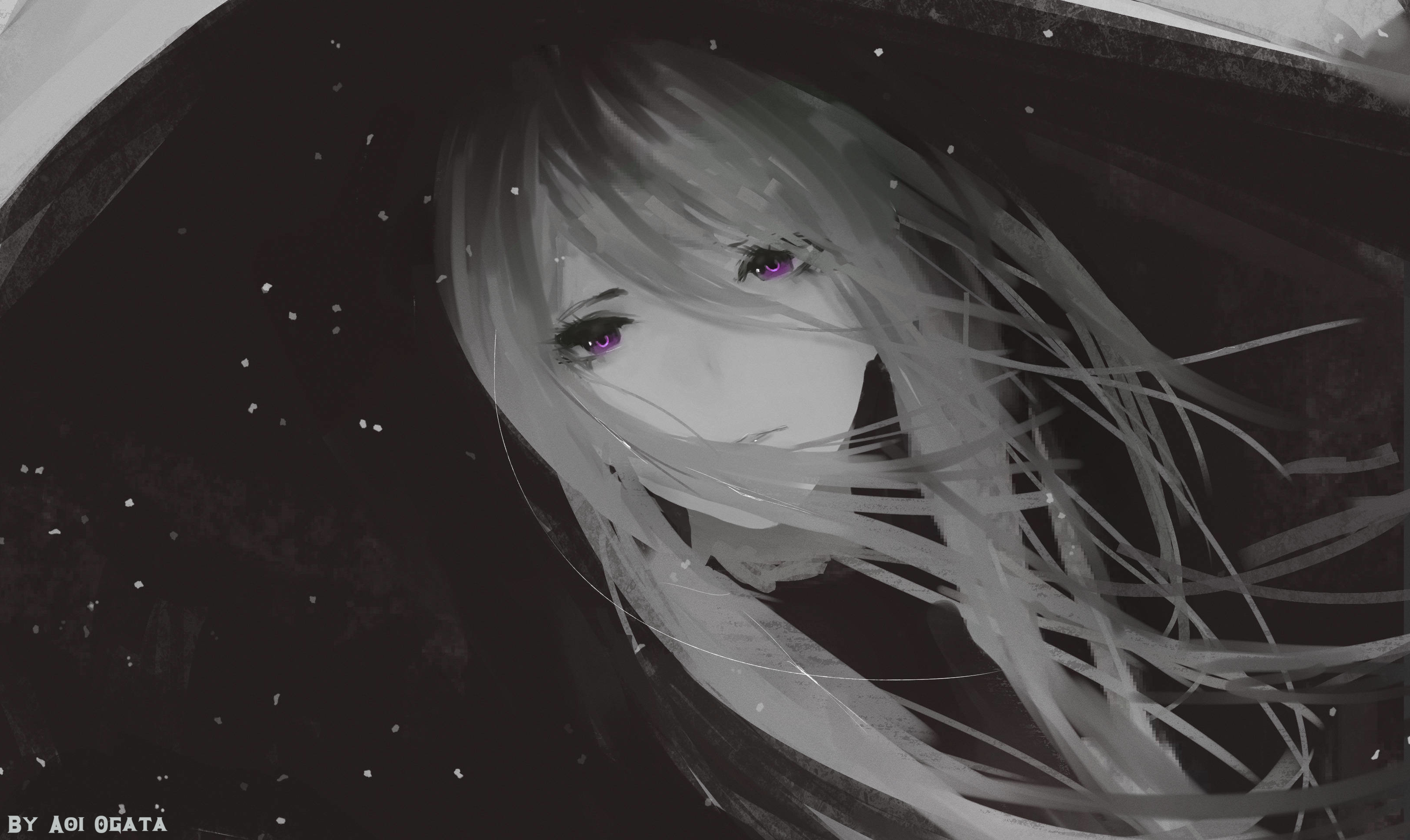 Anime girl with purple eyes and flowing hair HD Wallpaper
