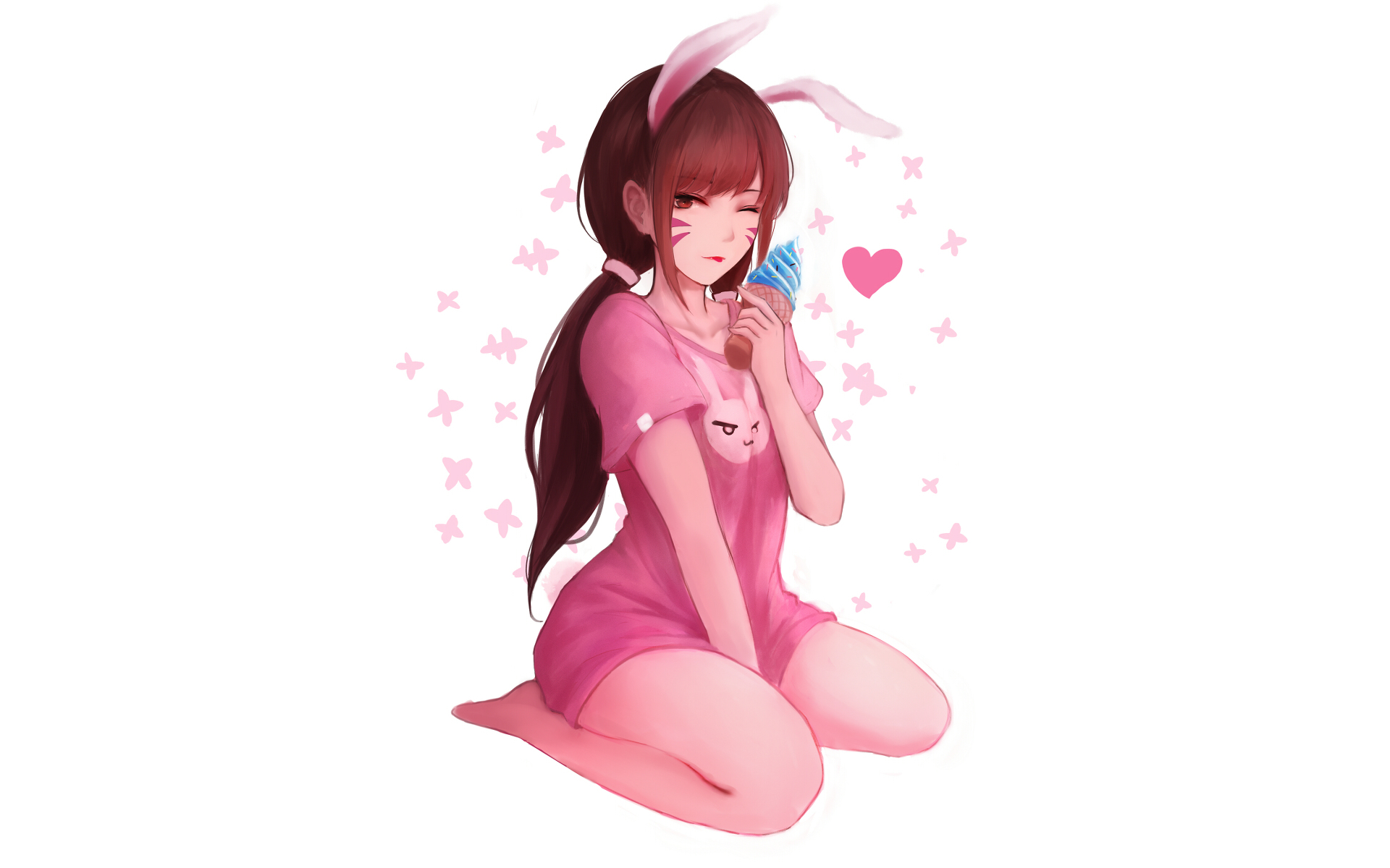 D.Va in a pink bunny shirt eating ice cream HD Wallpaper