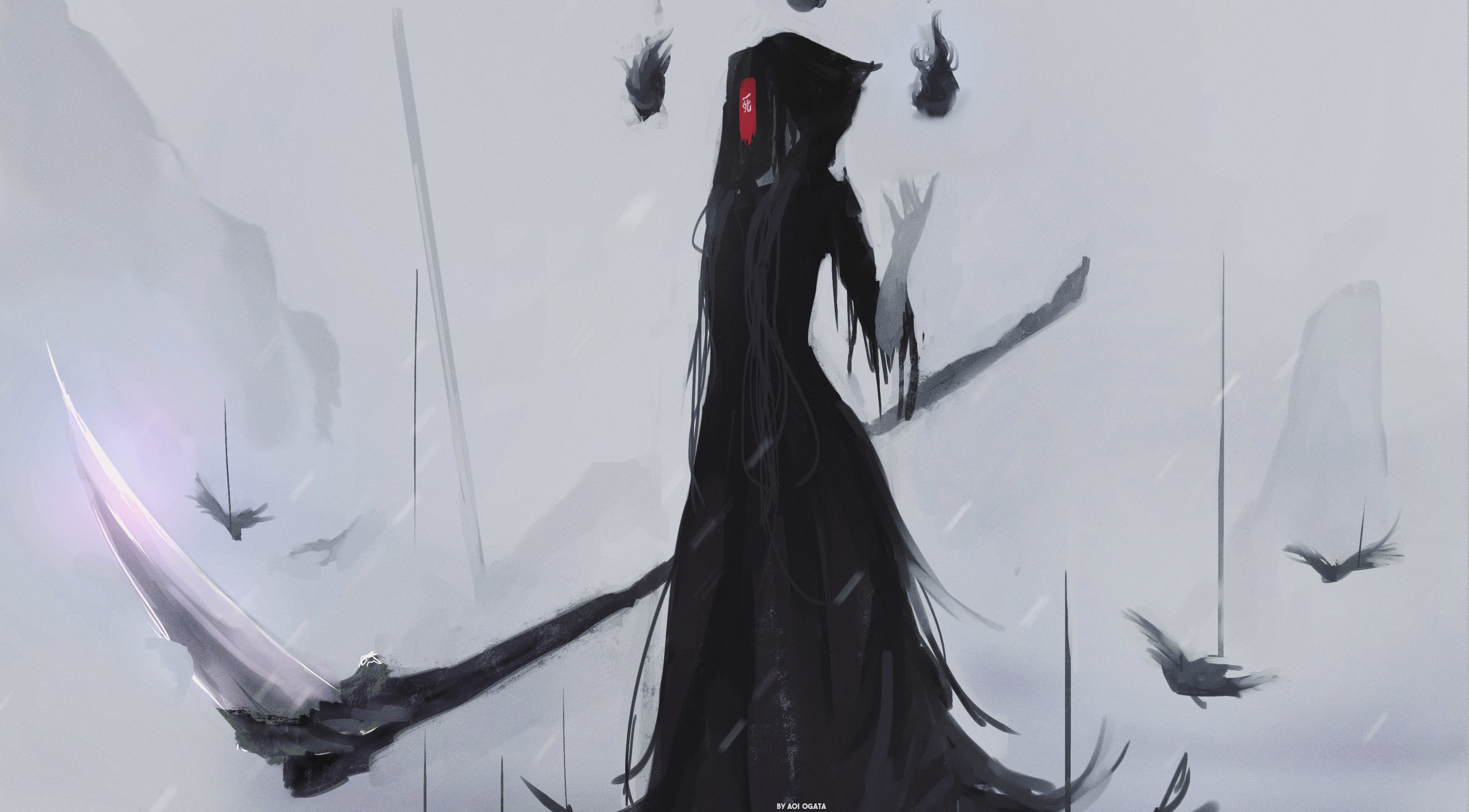 Grim Reaper with Scythe in Snowy Landscape HD Wallpaper