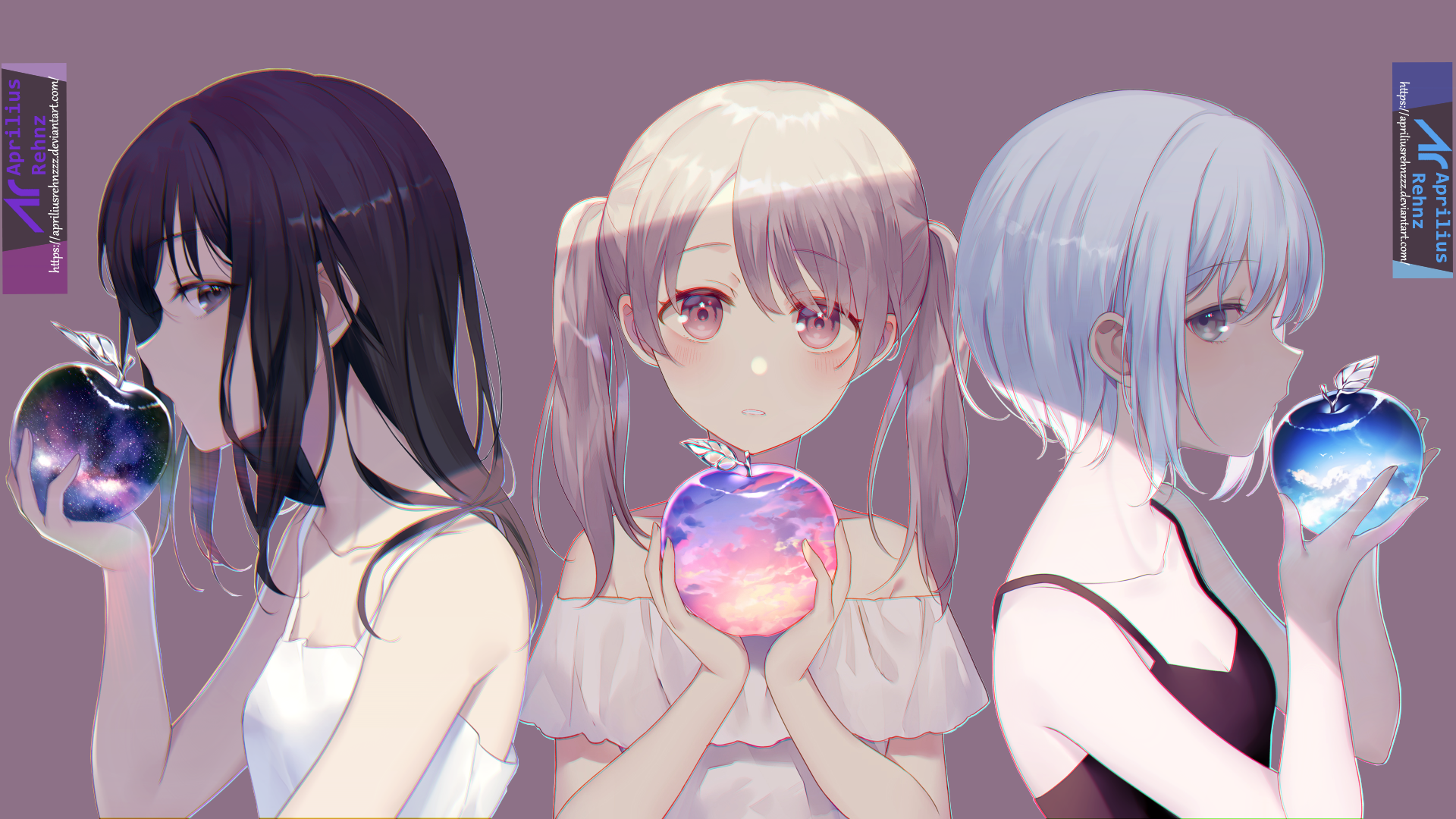 Three anime girls holding magical apples HD Wallpaper
