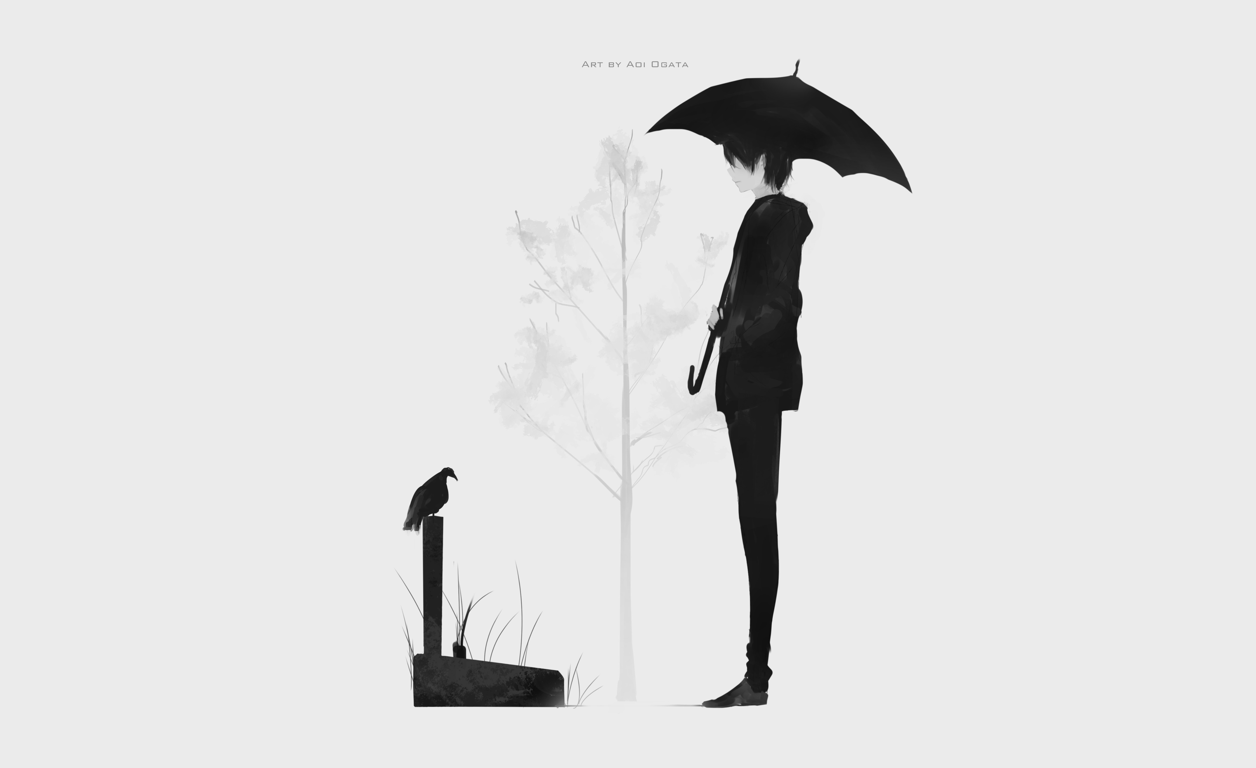 4K Aoi Ogata Original Character with Umbrella and Bird HD Wallpaper