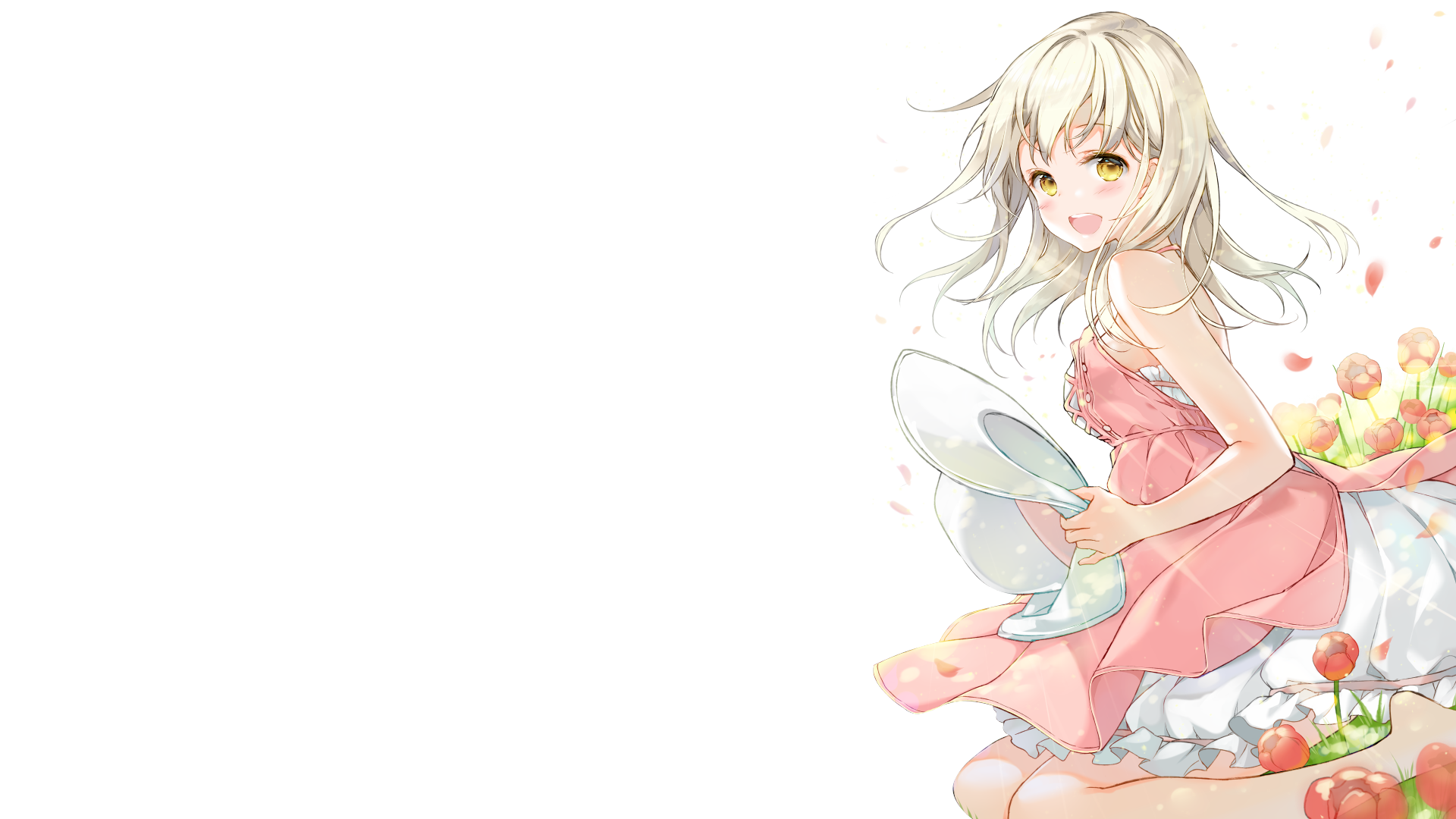 Anime girl in pink dress holding a hat HD Wallpaper