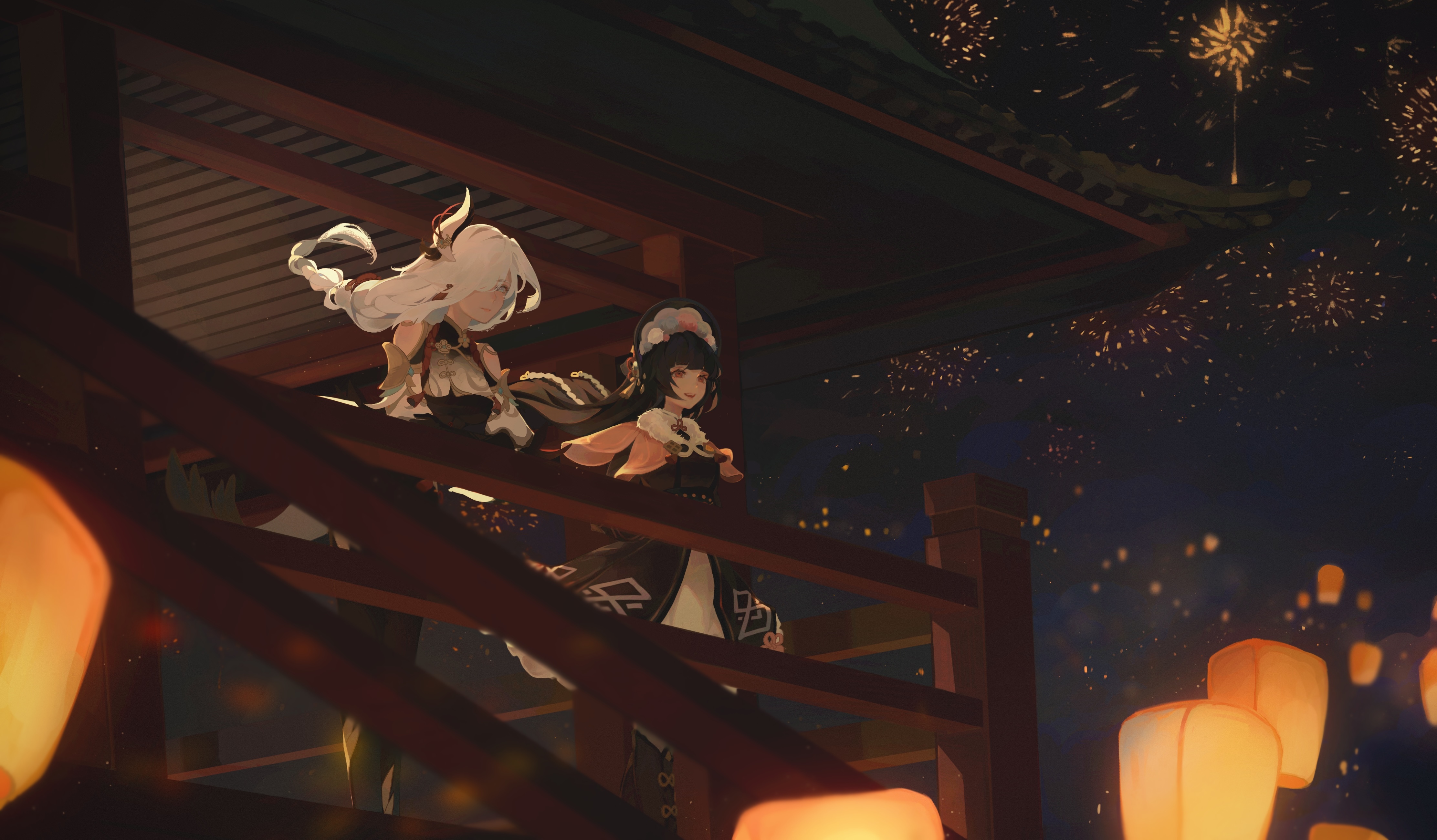 Yun Jin and Shenhe watching fireworks HD Wallpaper