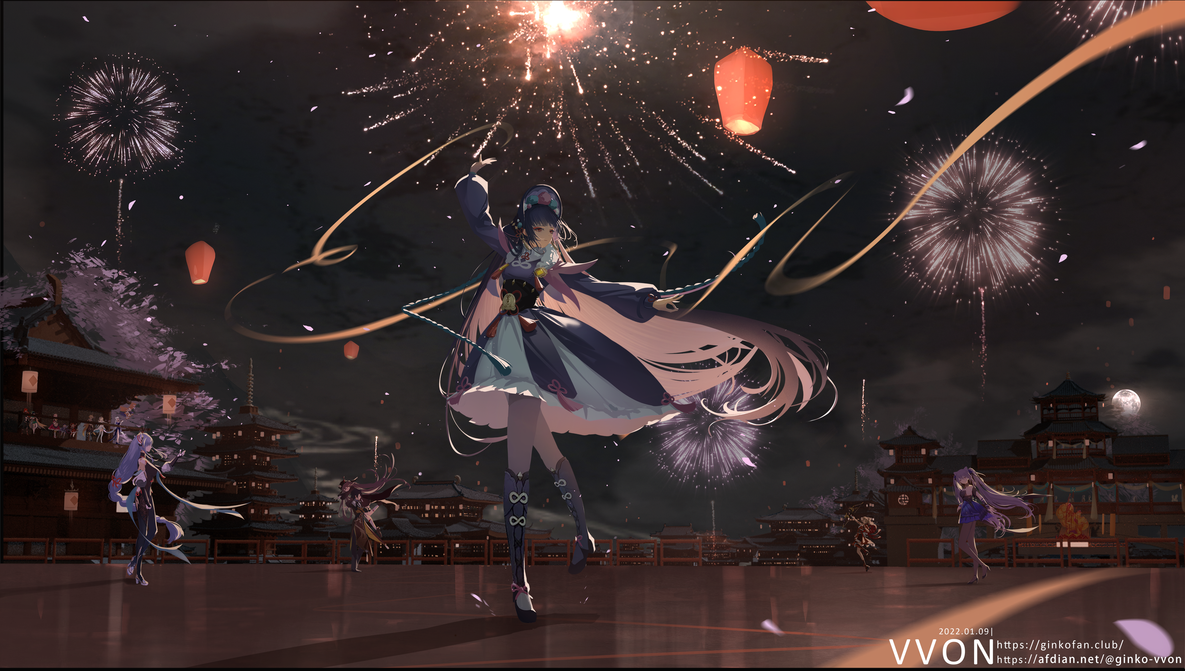 Genshin Impact characters celebrating with fireworks HD Wallpaper