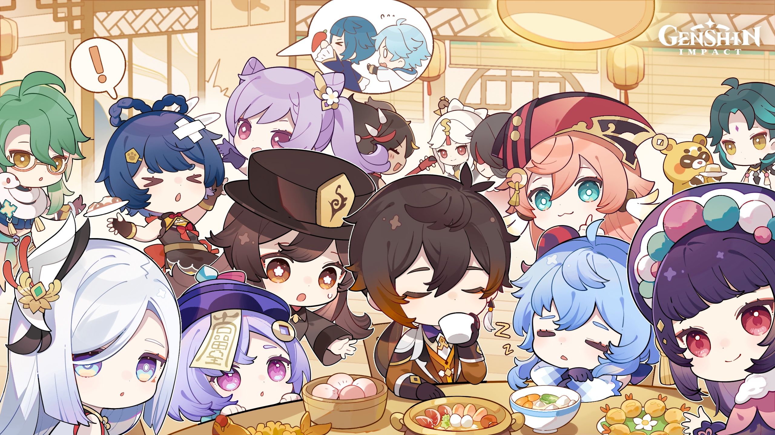 Genshin Impact Chibi Characters Enjoying a Meal HD Wallpaper