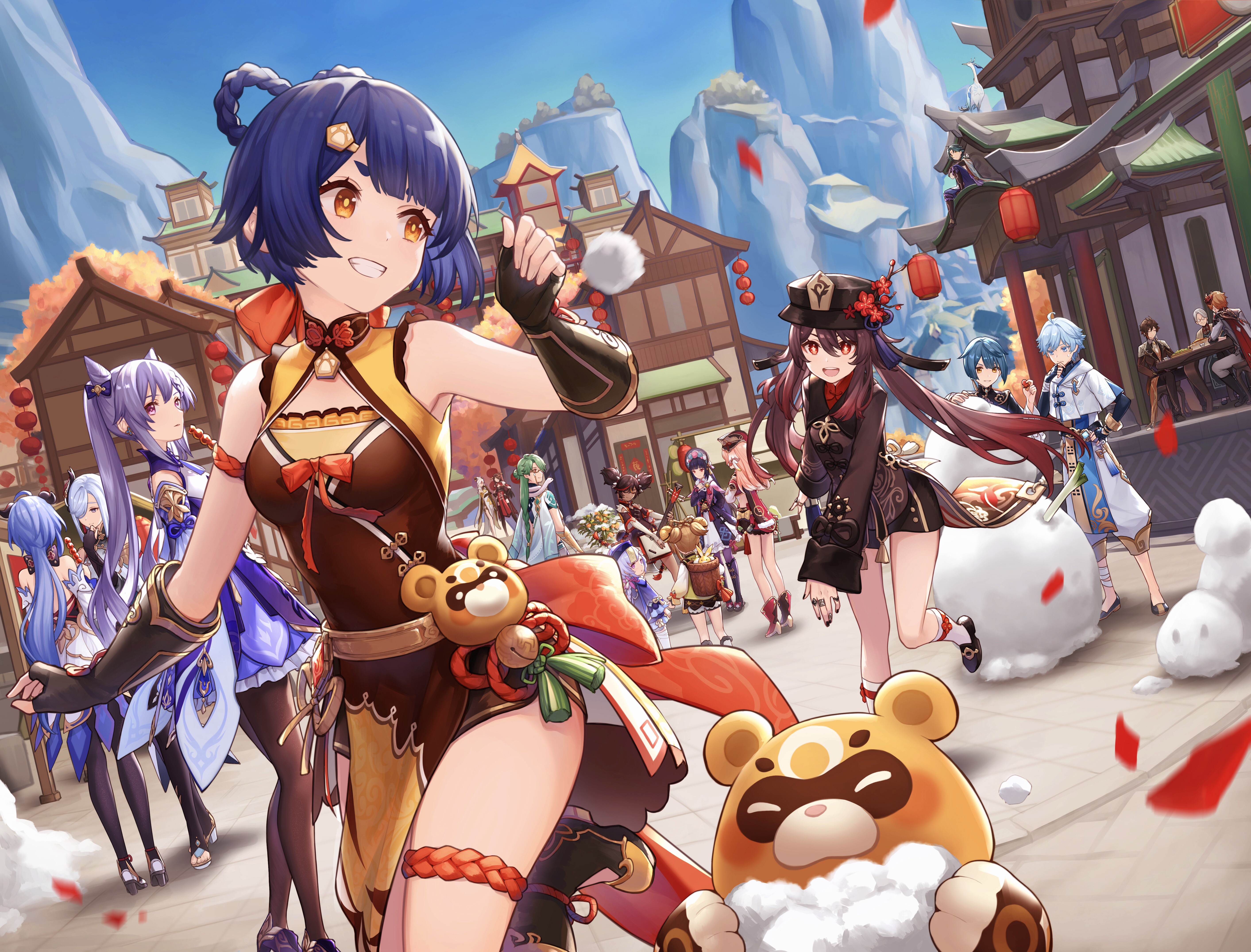 Genshin Impact Characters in a Festive Town HD Wallpaper