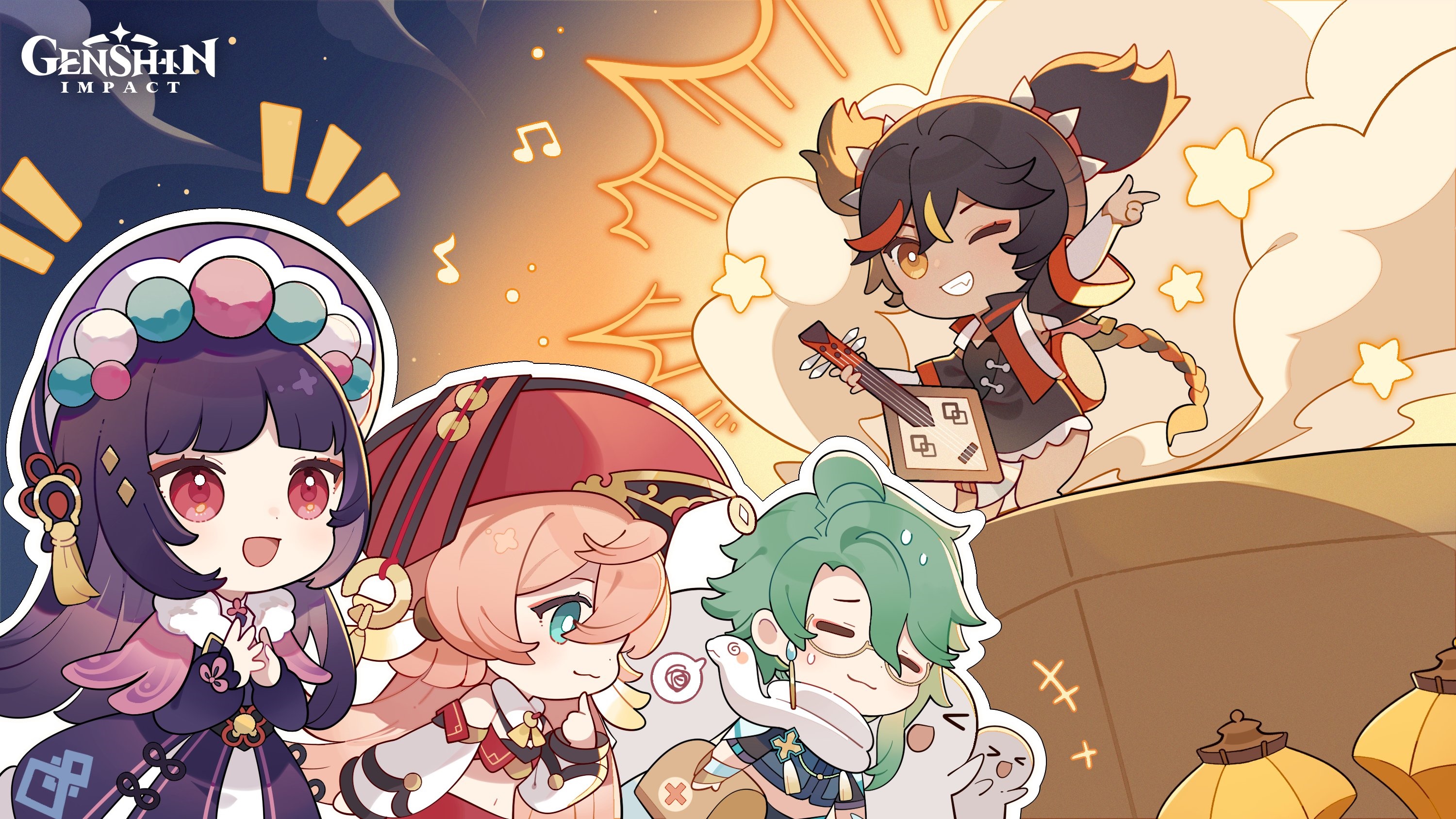 Genshin Impact Yanfei, Yun Jin, Baizhu, and Xinyan Chibi Art HD Wallpaper