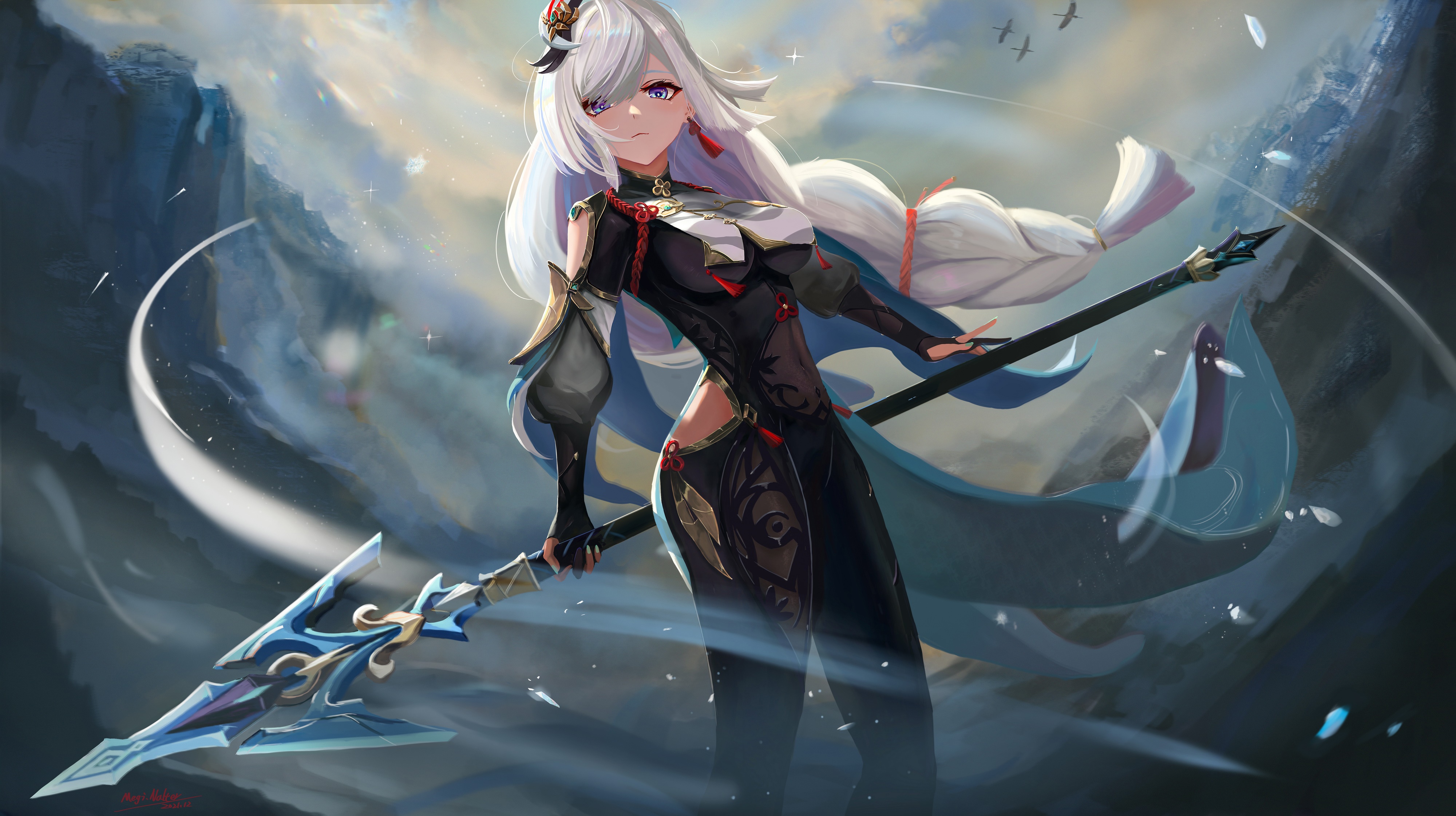 4K Shenhe from Genshin Impact with a polearm HD Wallpaper