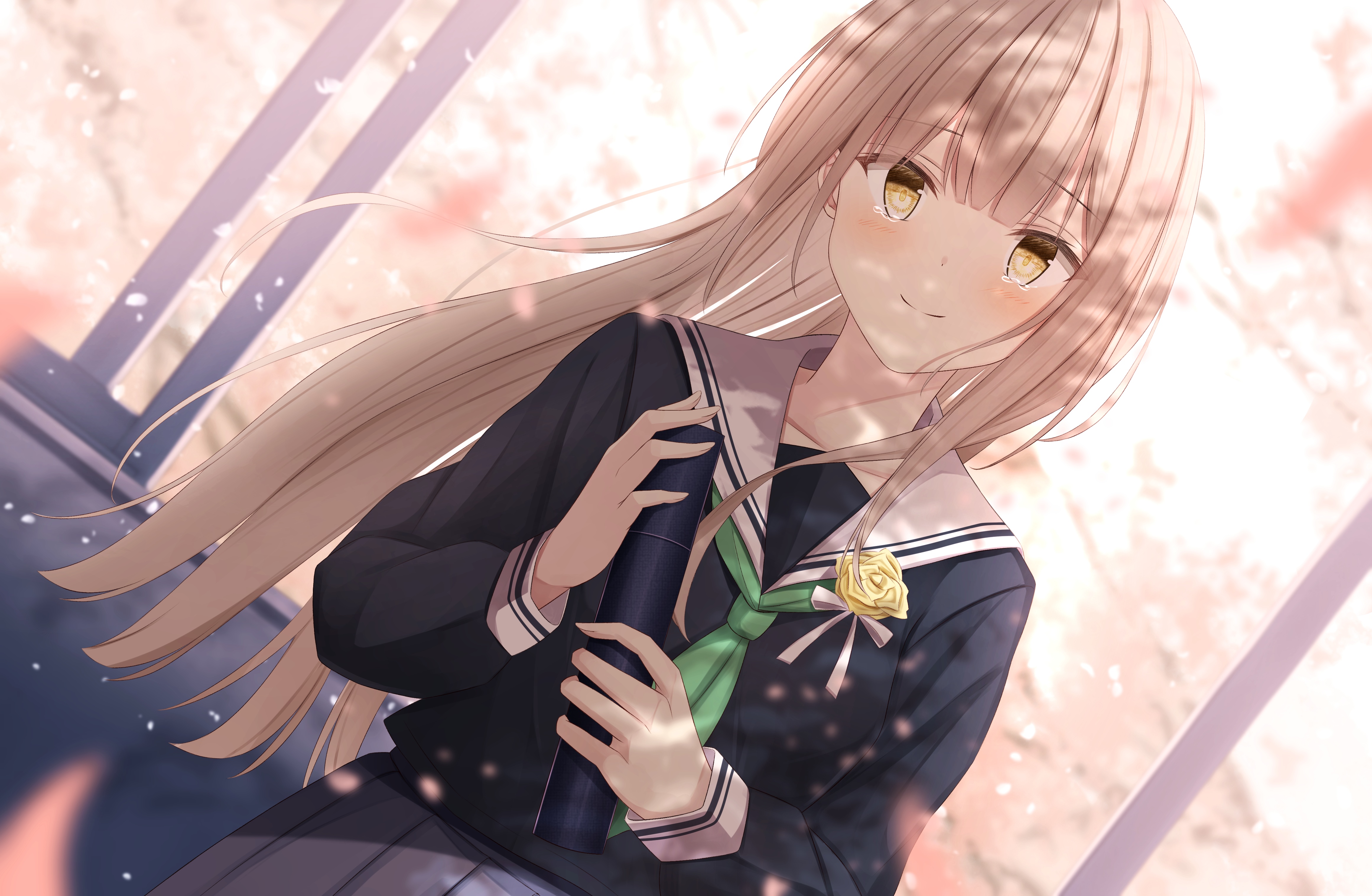 Anime girl in school uniform holding a diploma HD Wallpaper