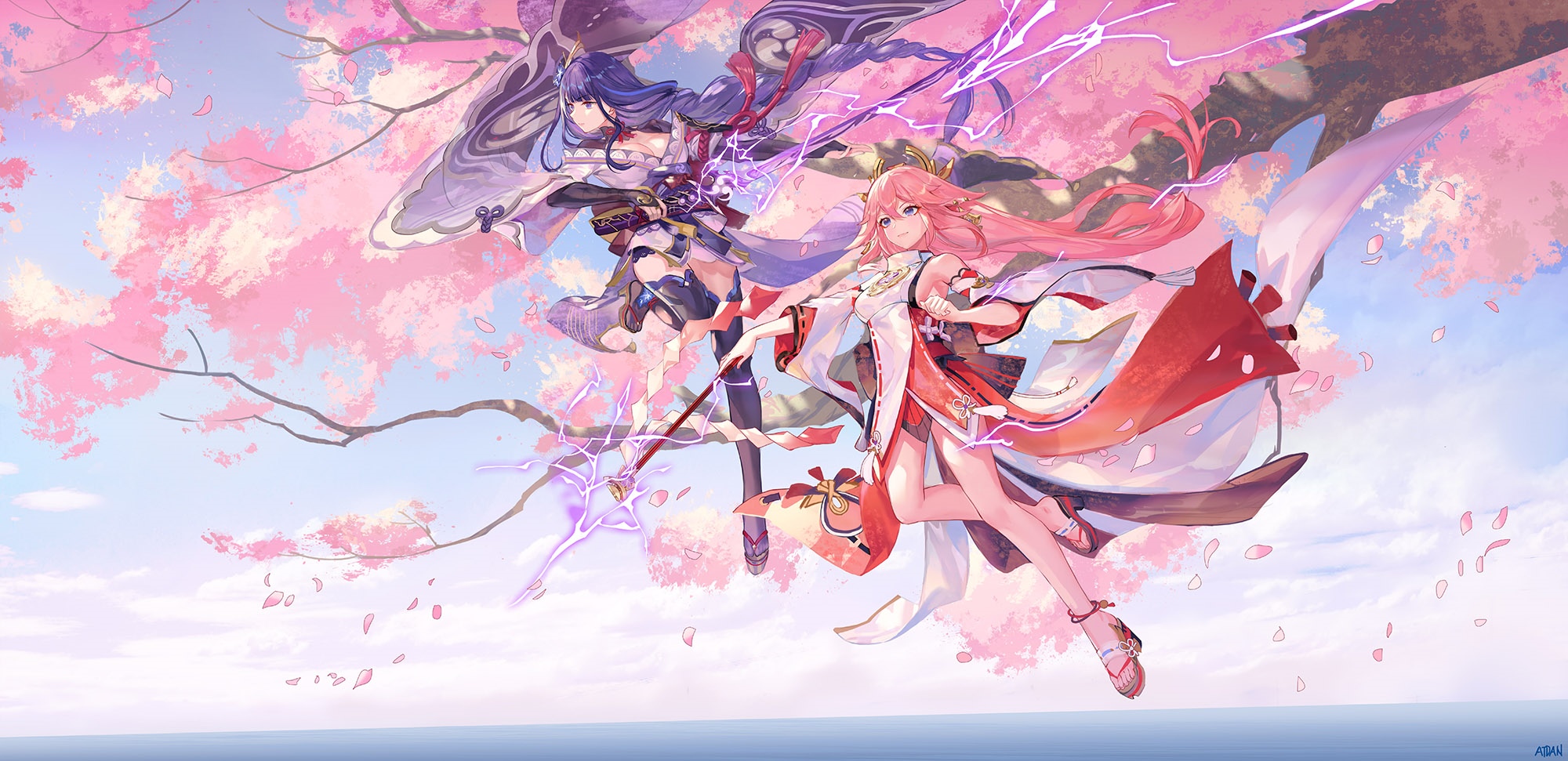 Raiden Shogun and Yae Miko under cherry blossoms HD Wallpaper