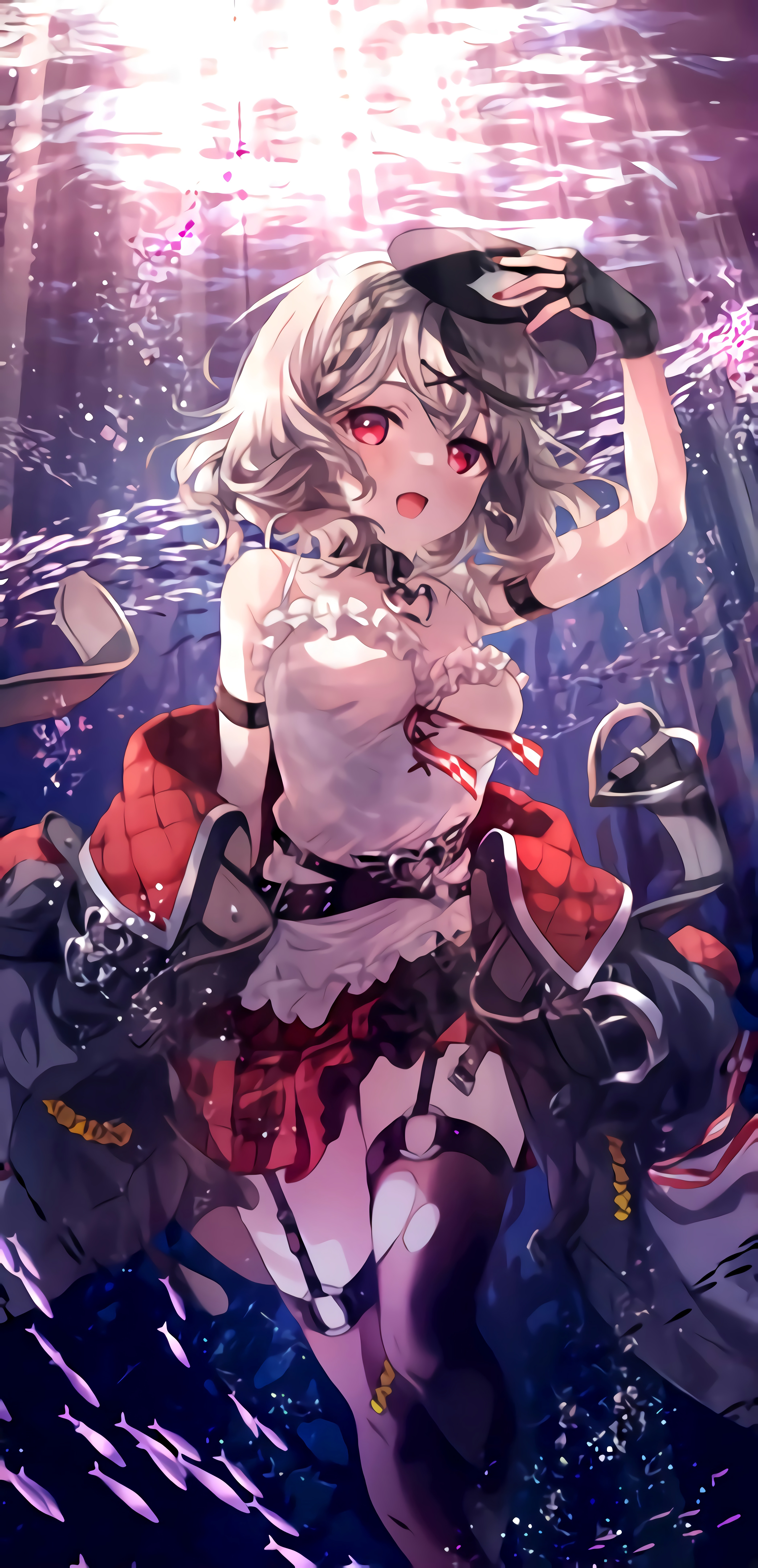 4K Anime Girl with Red Eyes Underwater HD Phone Wallpaper