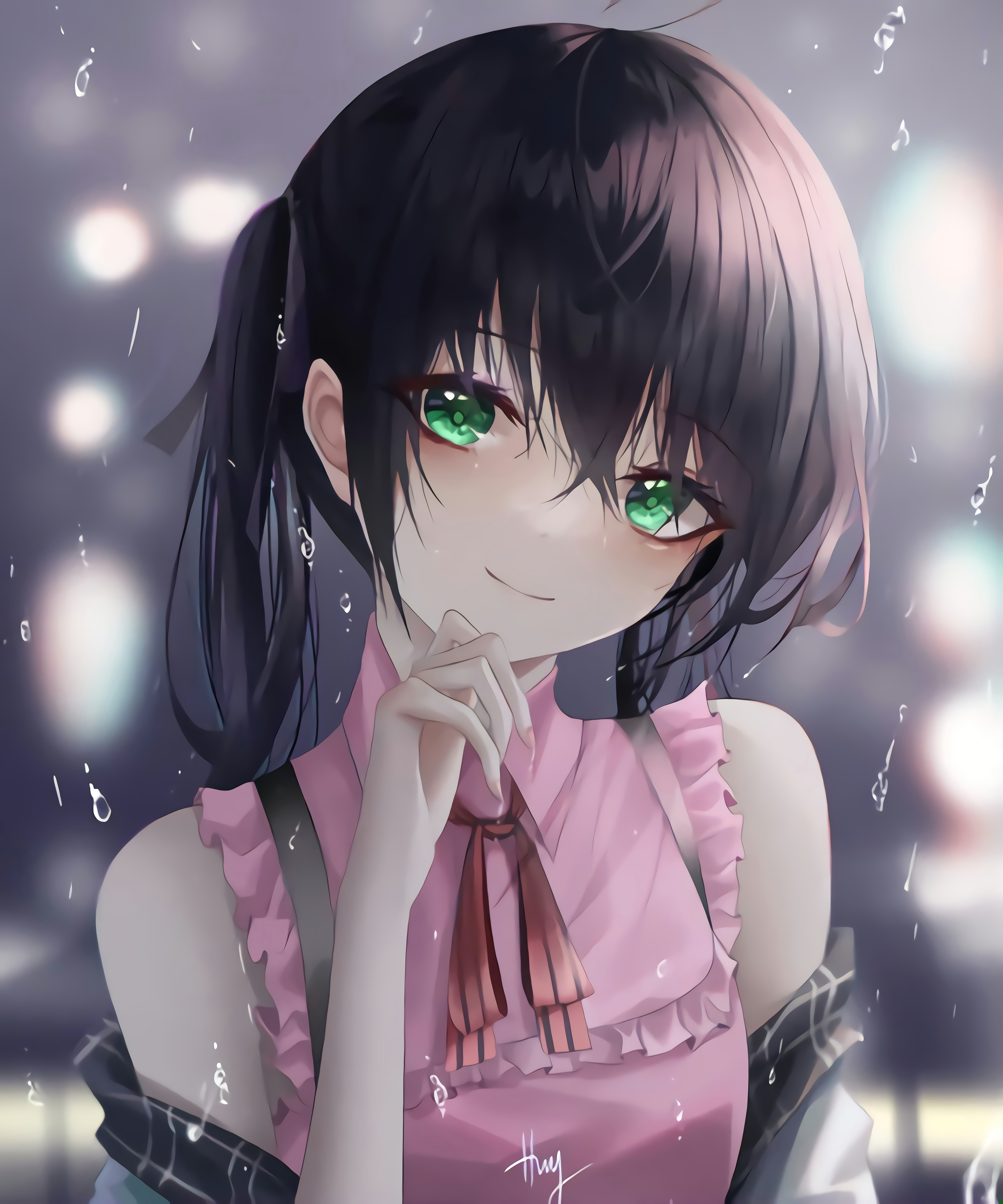 Anime girl with green eyes and dark hair in pink clothing HD Phone Wallpaper