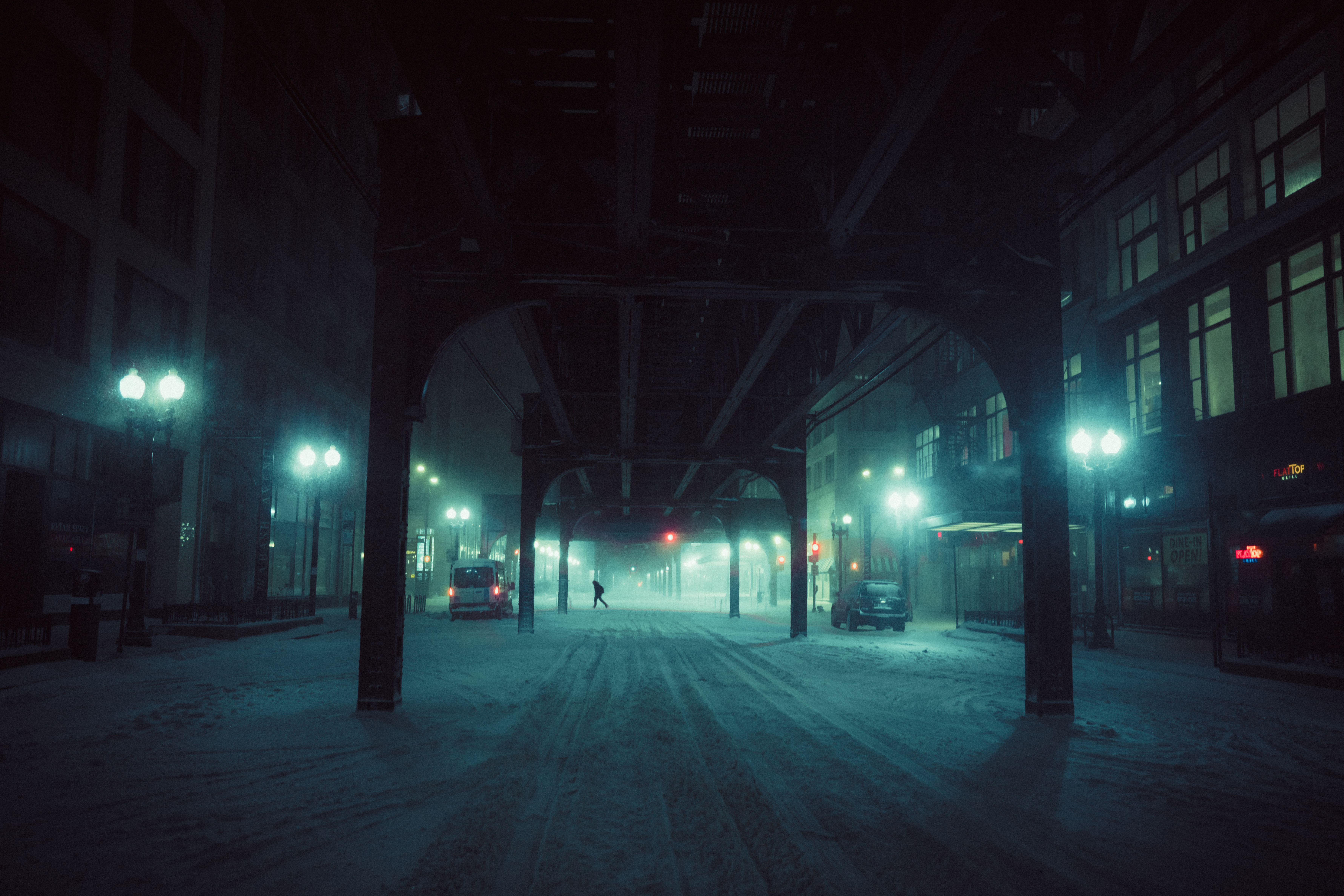 Snowy Urban Night Under Elevated Train Tracks HD Wallpaper
