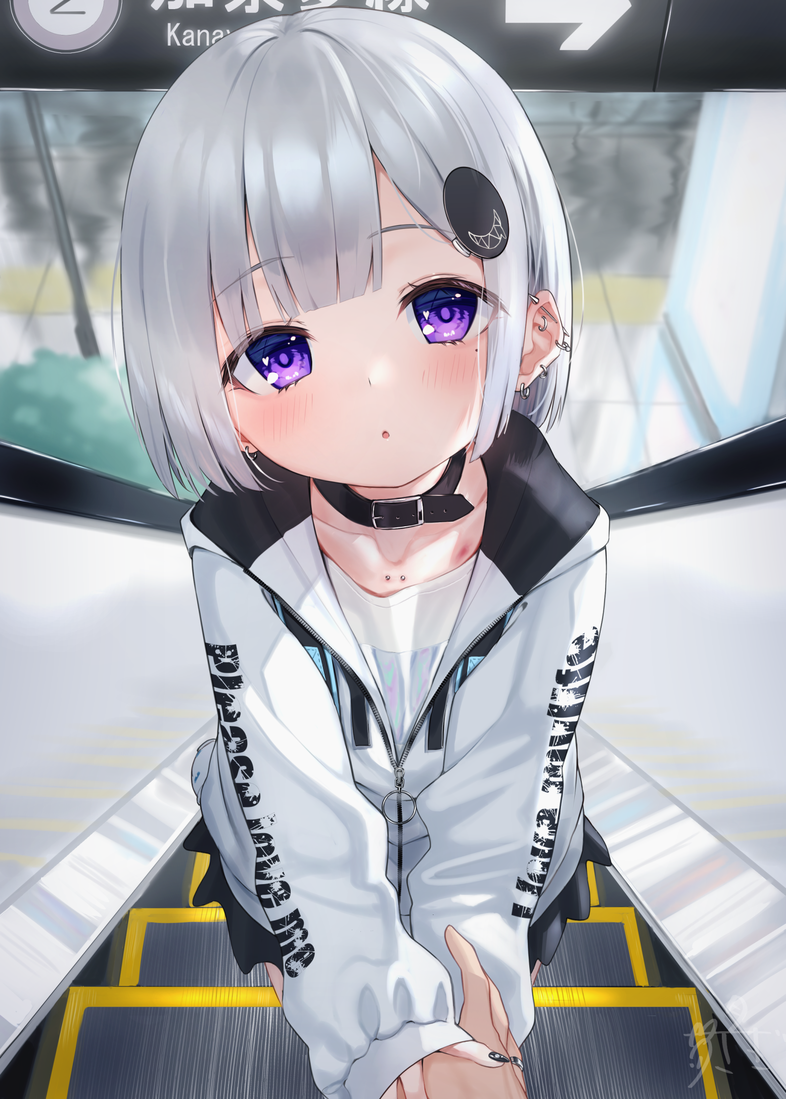 Anime girl with purple eyes on an escalator HD Phone Wallpaper