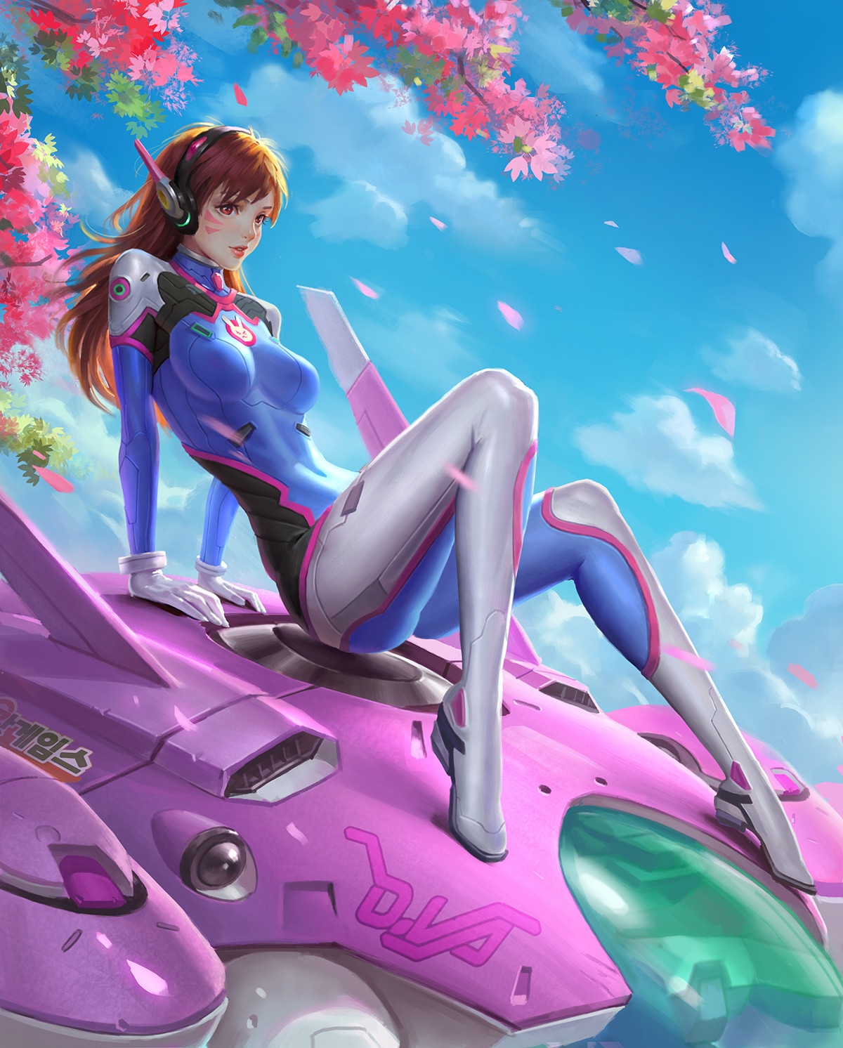 D.Va from Overwatch sitting on her mech under cherry blossoms HD Phone Wallpaper