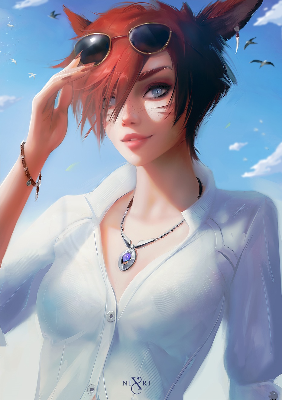 Woman with red hair and sunglasses, Nixri art HD Phone Wallpaper