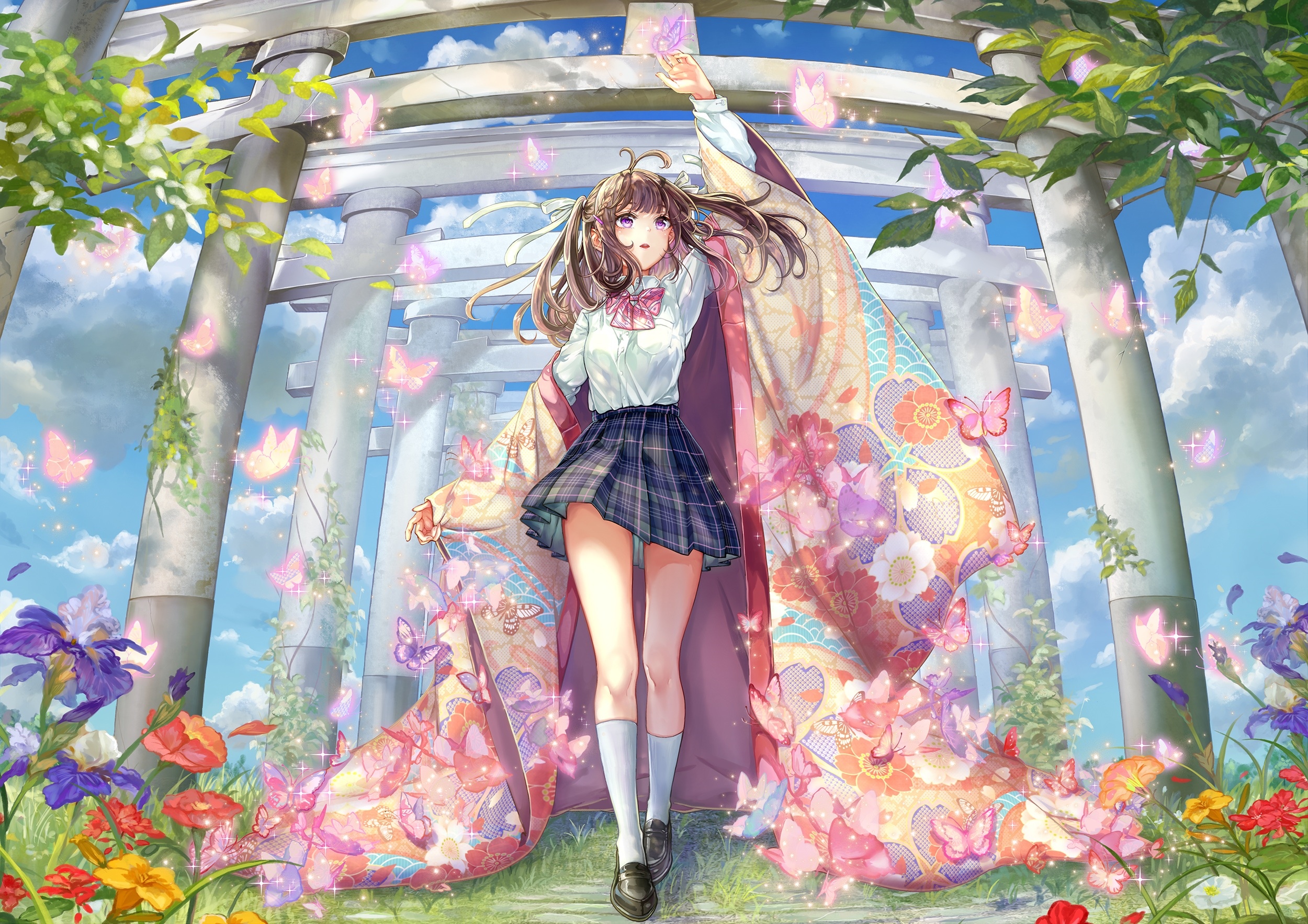 Girl in Japanese Clothes and Torii with Butterflies HD Wallpaper