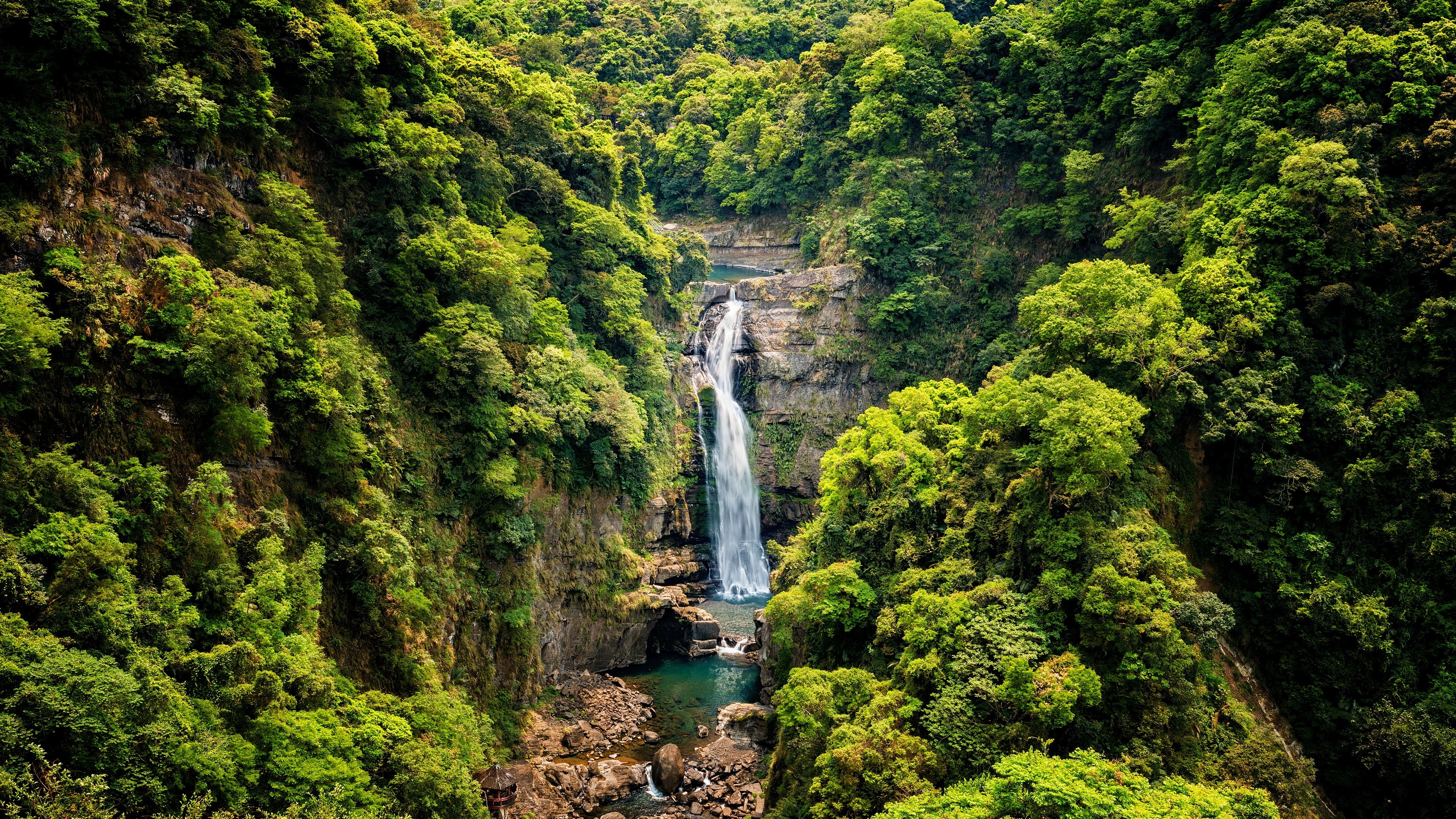 4K Waterfall in a Lush Forest Landscape HD Wallpaper