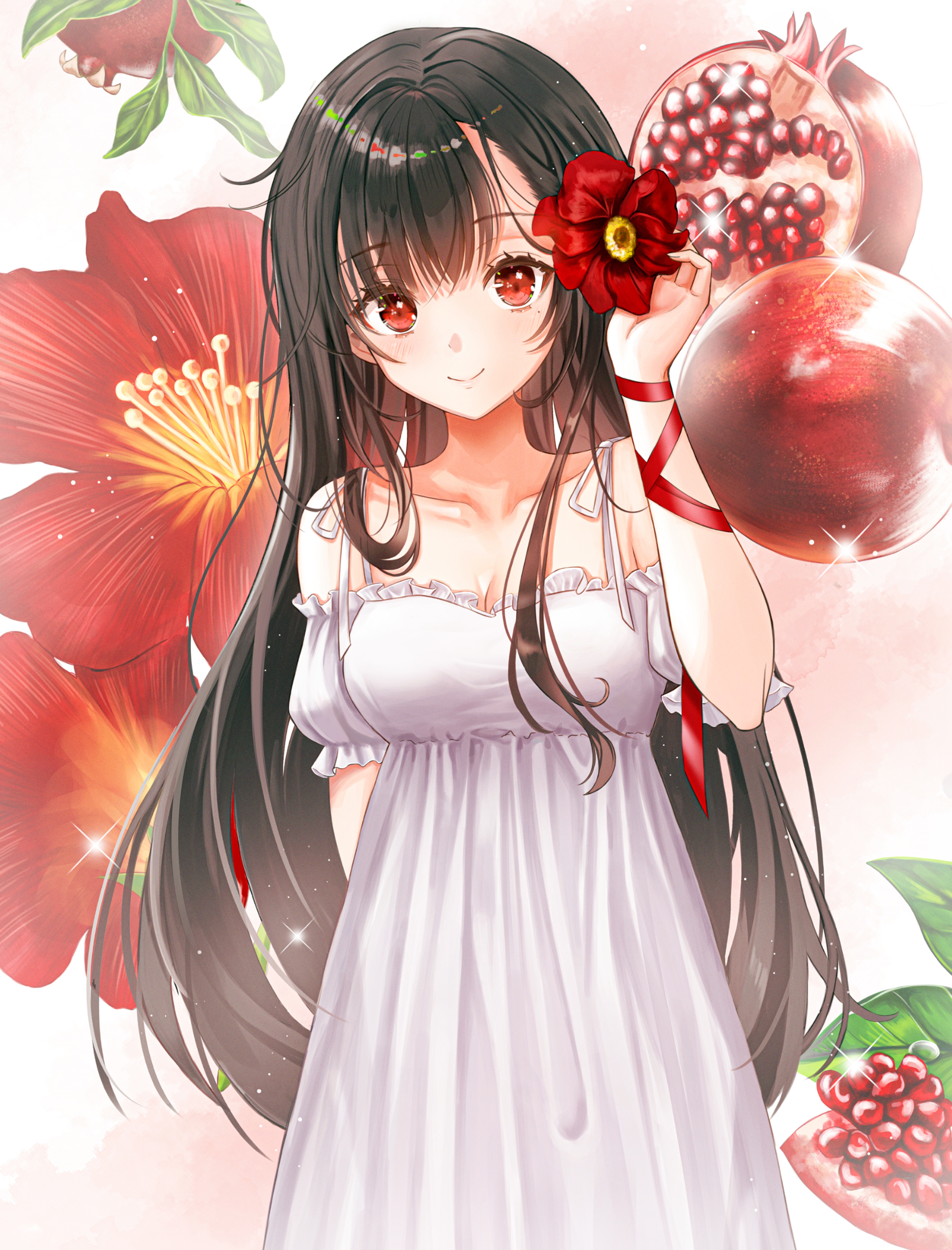 Girl with dark hair and red eyes holding a flower HD Phone Wallpaper