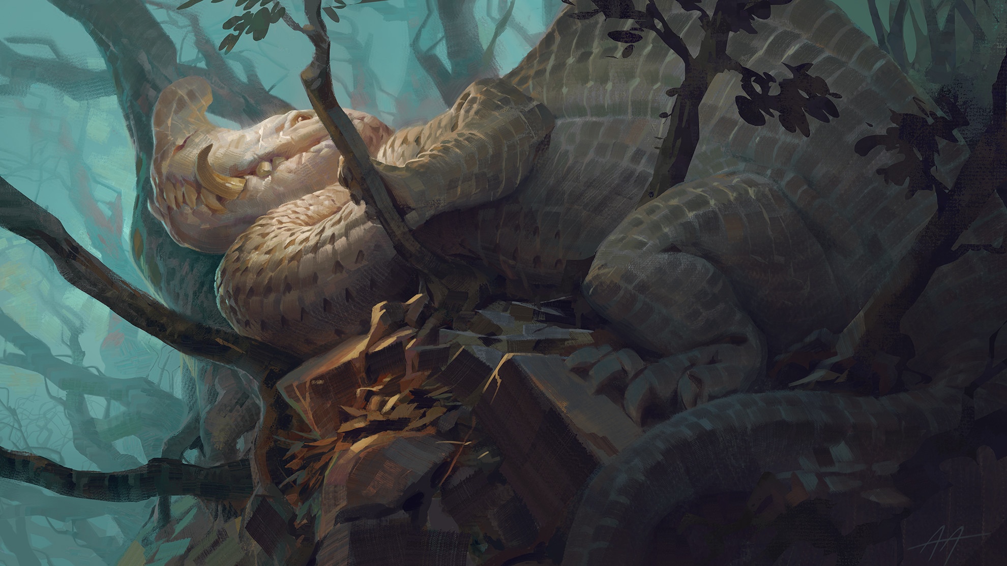 Dragon resting on tree branches in a misty forest HD Wallpaper