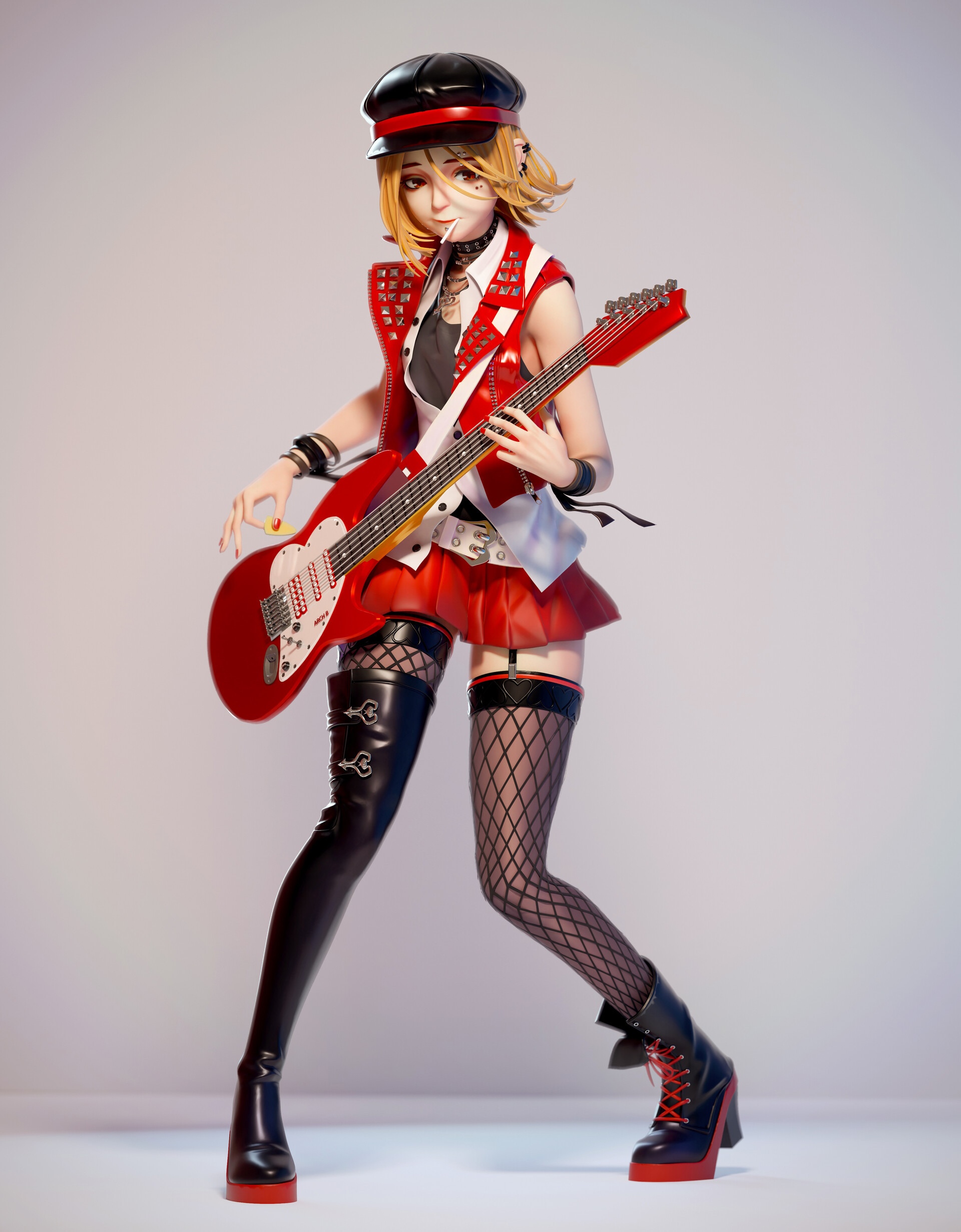Woman with blonde hair playing a red electric guitar HD Phone Wallpaper