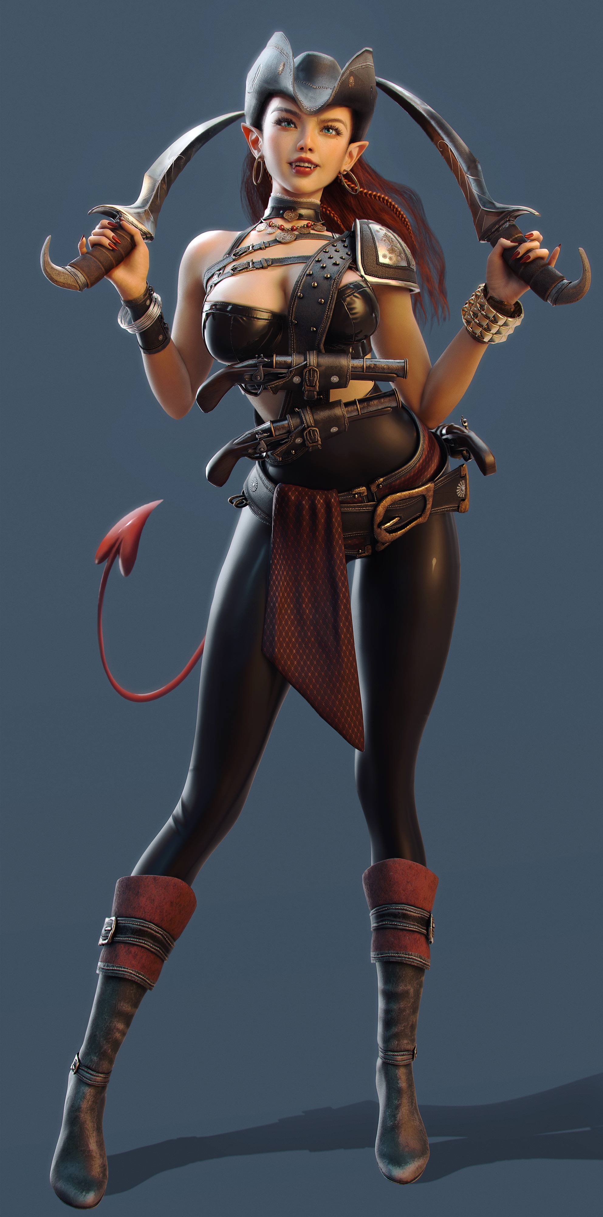 Fantasy pirate girl with daggers and guns HD Phone Wallpaper