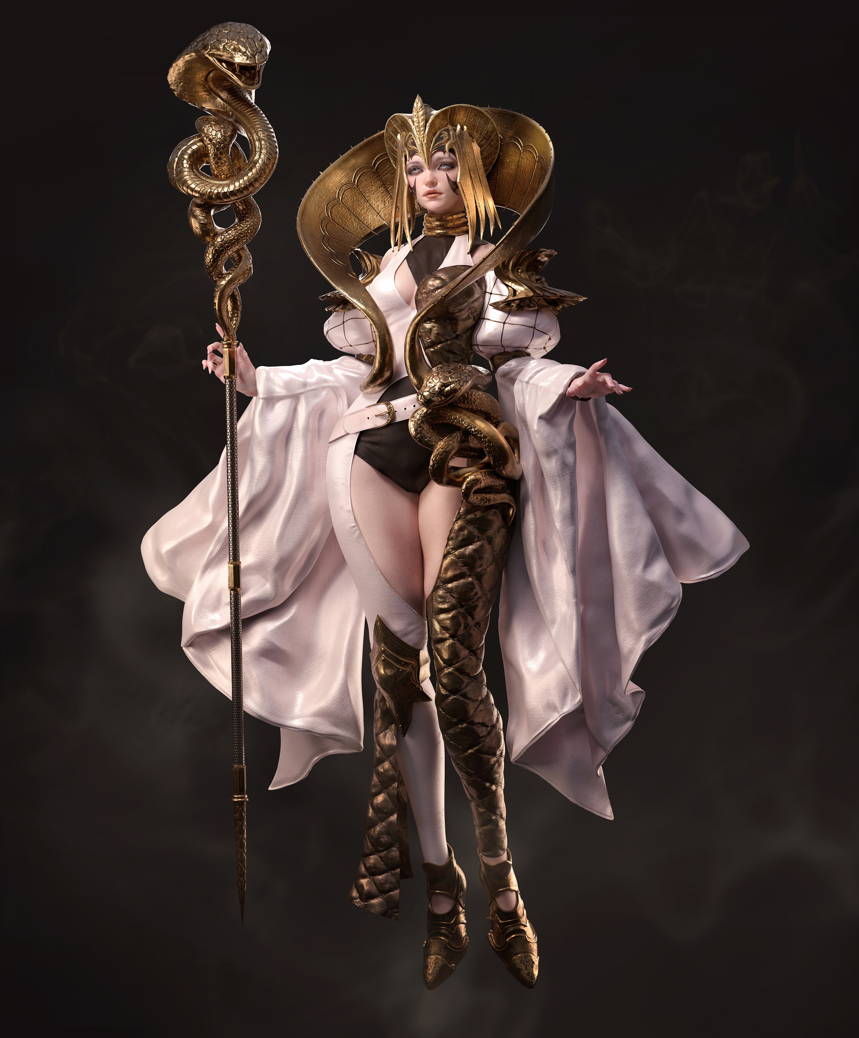 A CGI statue of a snake-themed warrior woman HD Phone Wallpaper