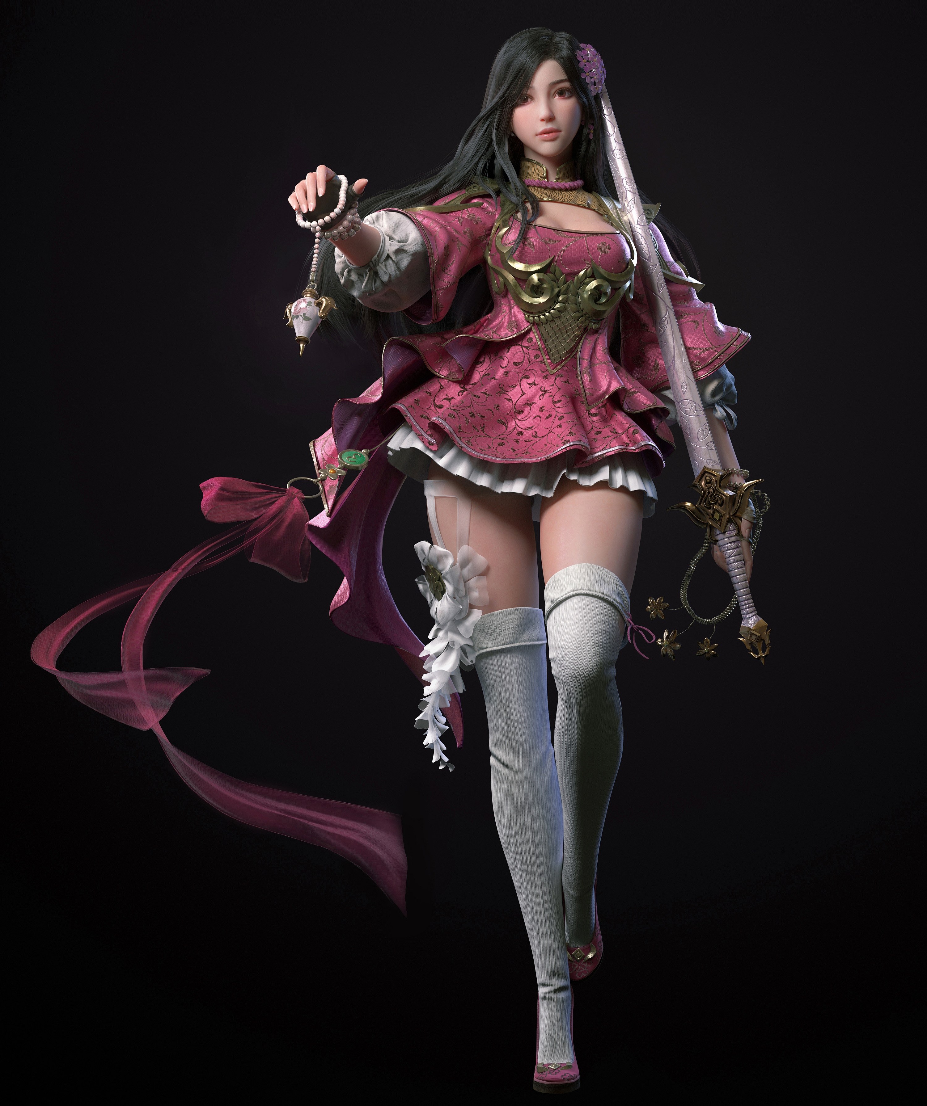 Anime girl with sword and pink dress HD Phone Wallpaper
