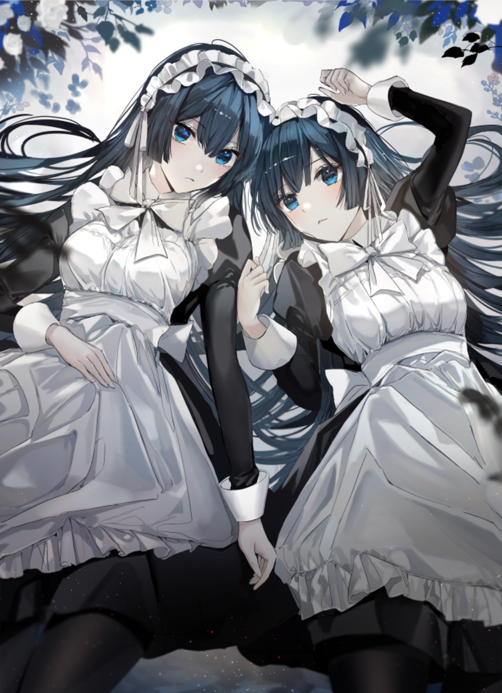 Two anime maids with blue eyes and dark hair HD Phone Wallpaper