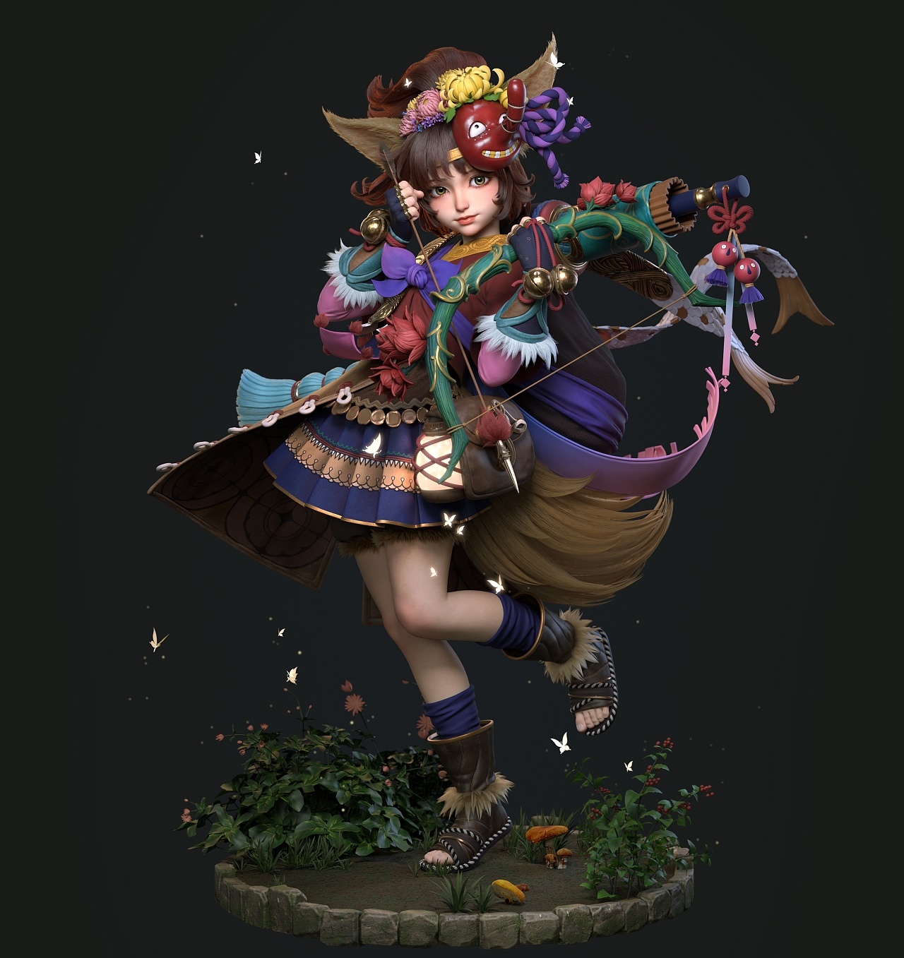 Anime girl with bow and arrow and mask HD Wallpaper