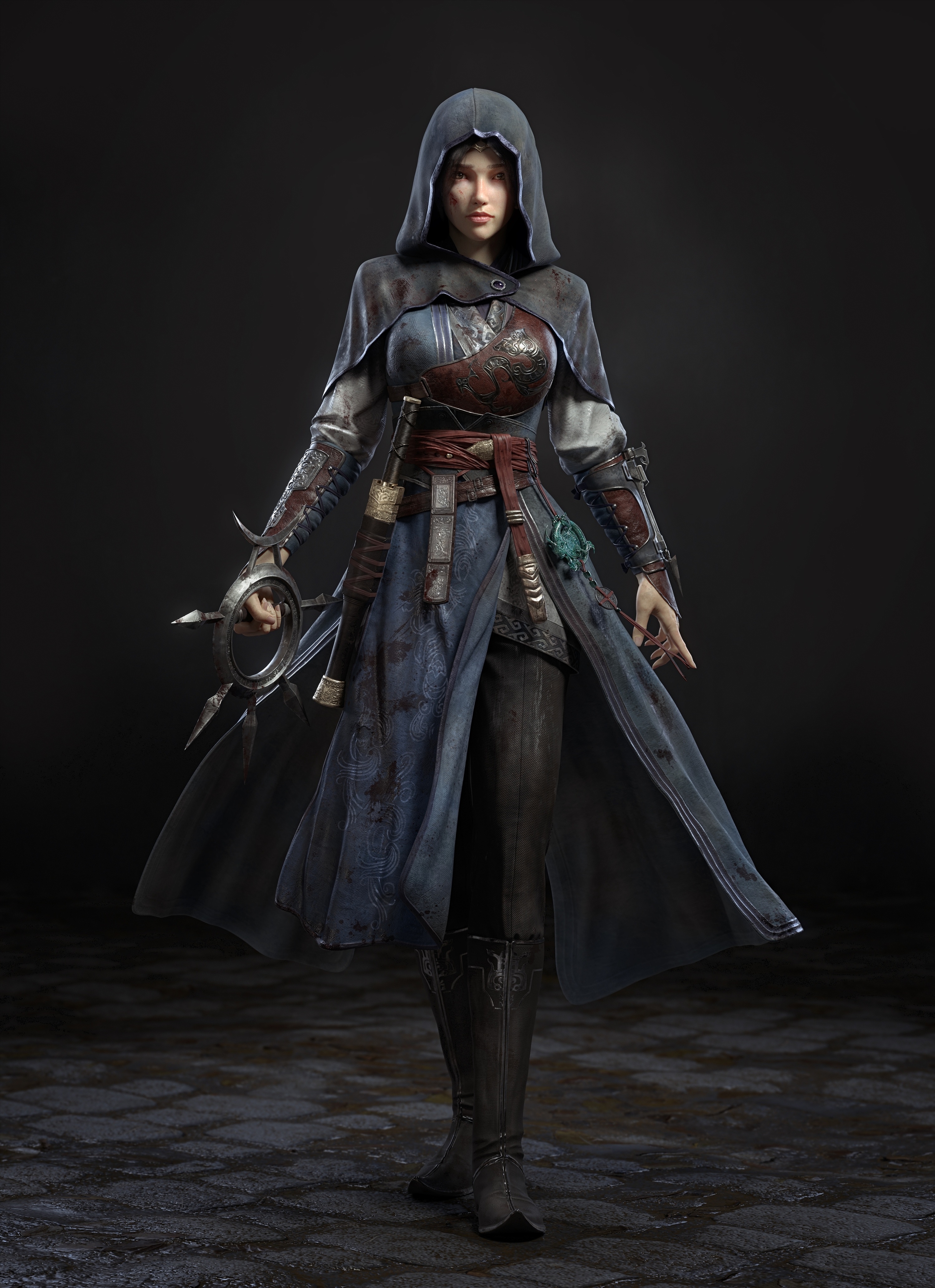 Woman in hooded assassin outfit holding a weapon HD Phone Wallpaper