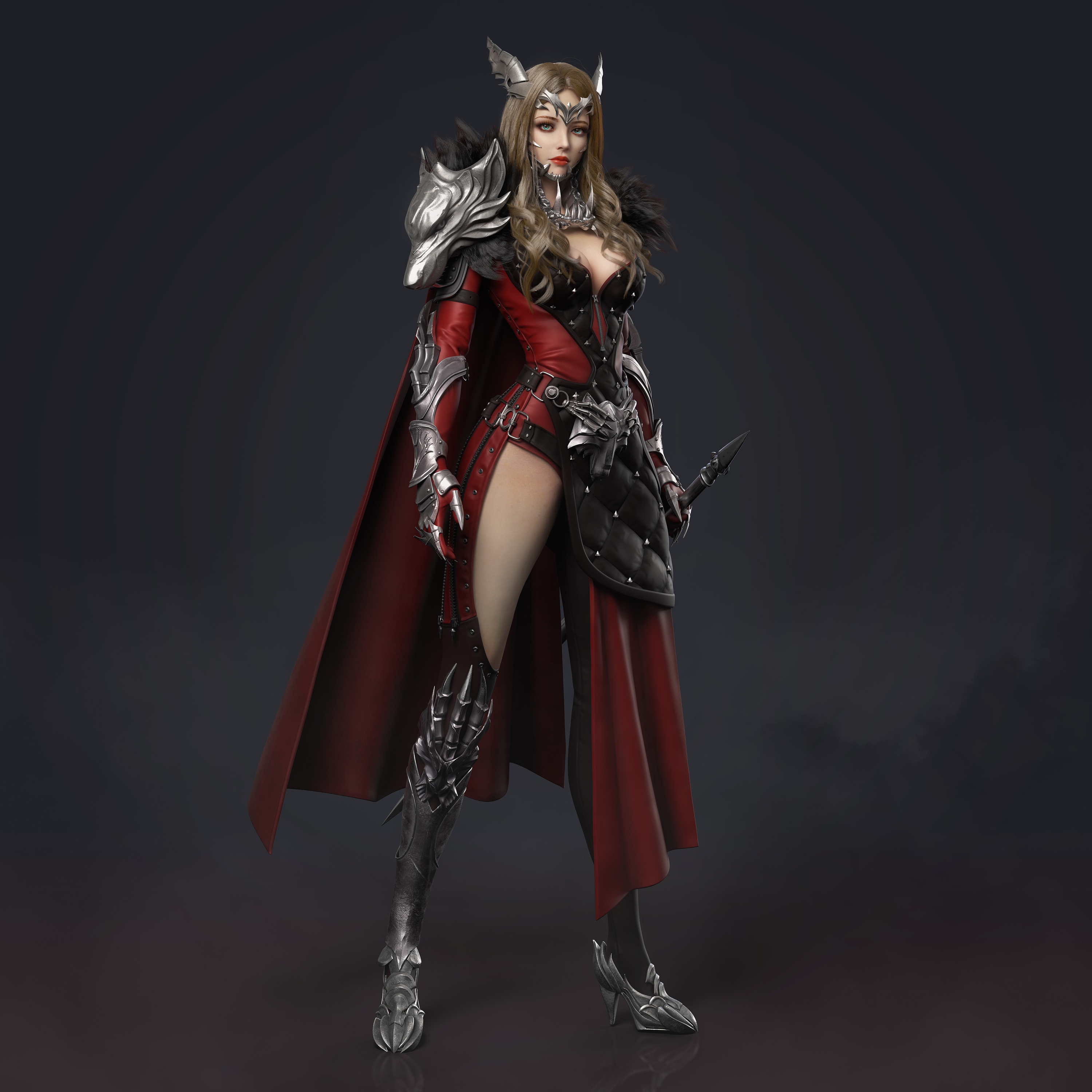 Female warrior with wolf armor and red cape HD Wallpaper