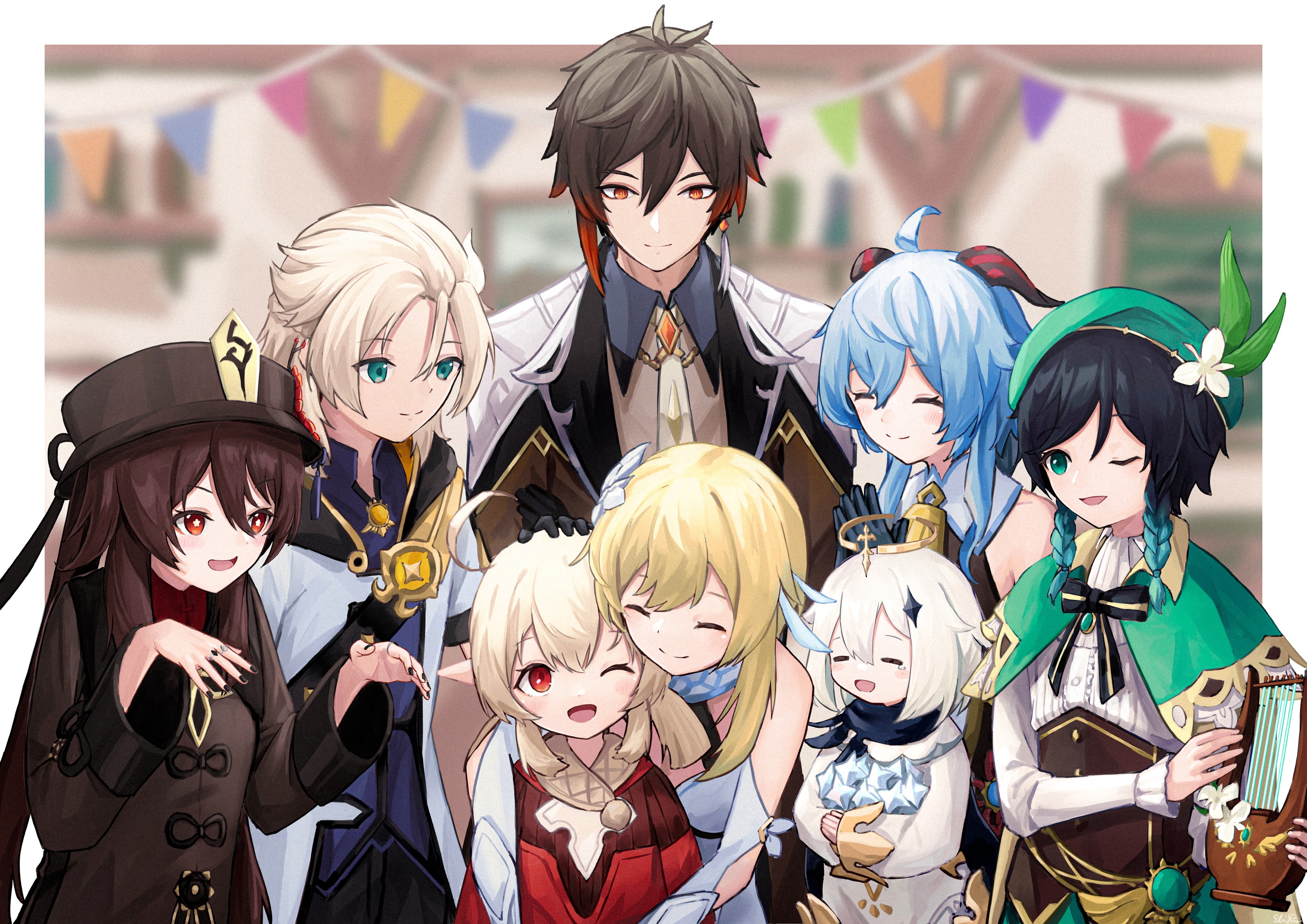 Genshin Impact characters: Zhongli, Hu Tao, Albedo, Lumine, Klee, Ganyu, Paimon, Venti HD Wallpaper