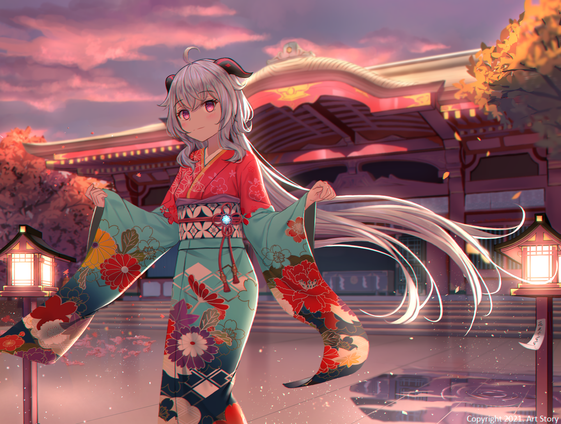 Ganyu in a traditional kimono at a shrine HD Wallpaper