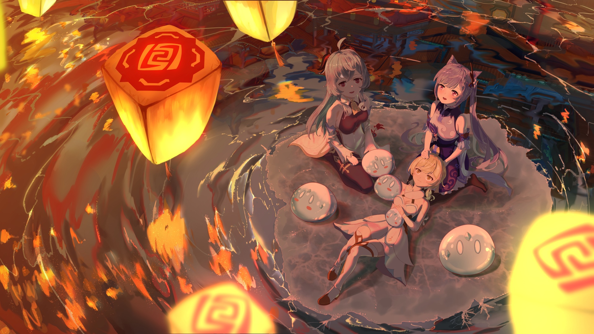 Genshin Impact: Keqing, Ganyu, and Lumine with Slimes HD Wallpaper