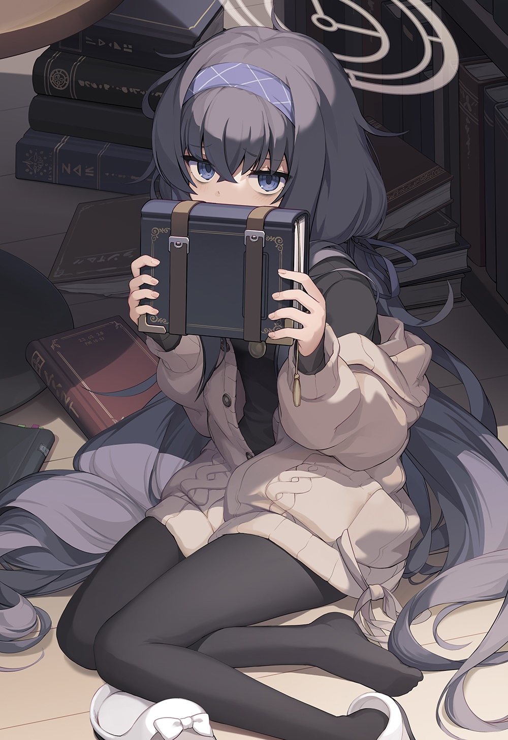 Blue Archive's Jakoujika holding a book in a library HD Phone Wallpaper
