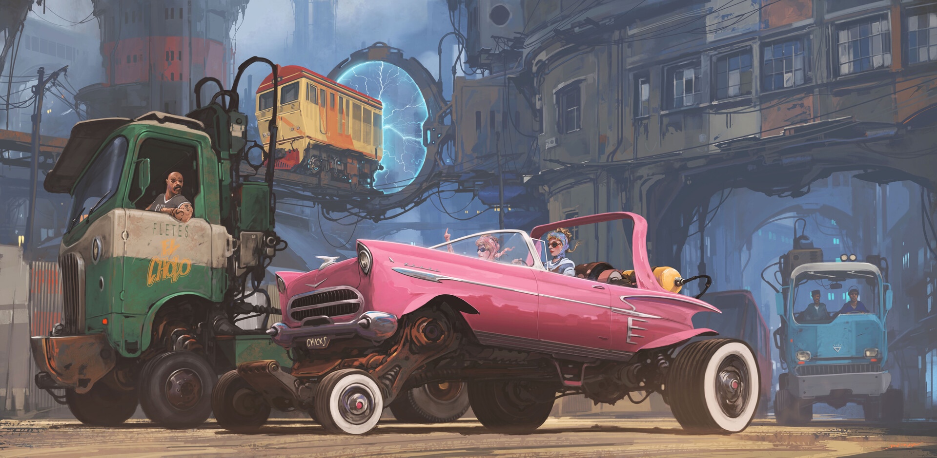 Alejandro Burdisio's steampunk vehicles and women HD Wallpaper