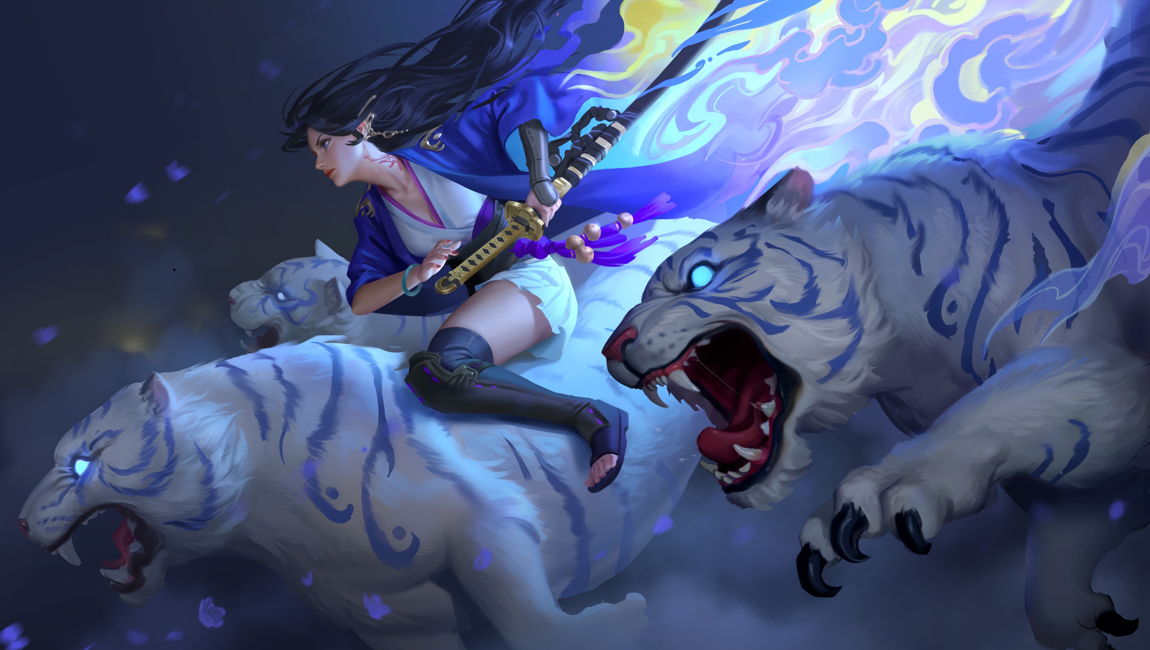 Fantasy girl riding white tigers with glowing swords HD Wallpaper