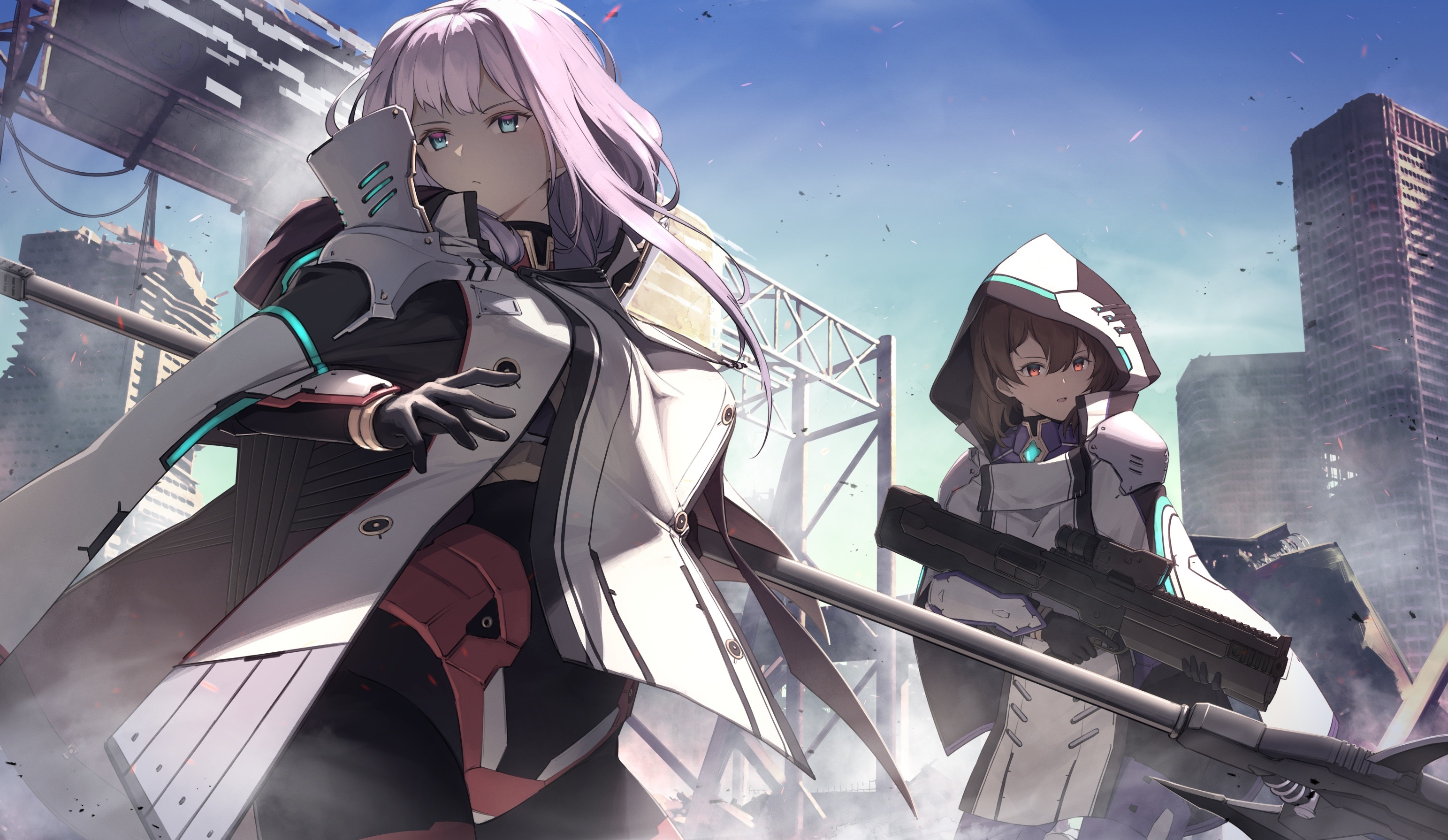 Two women with weapons in a destroyed city HD Wallpaper