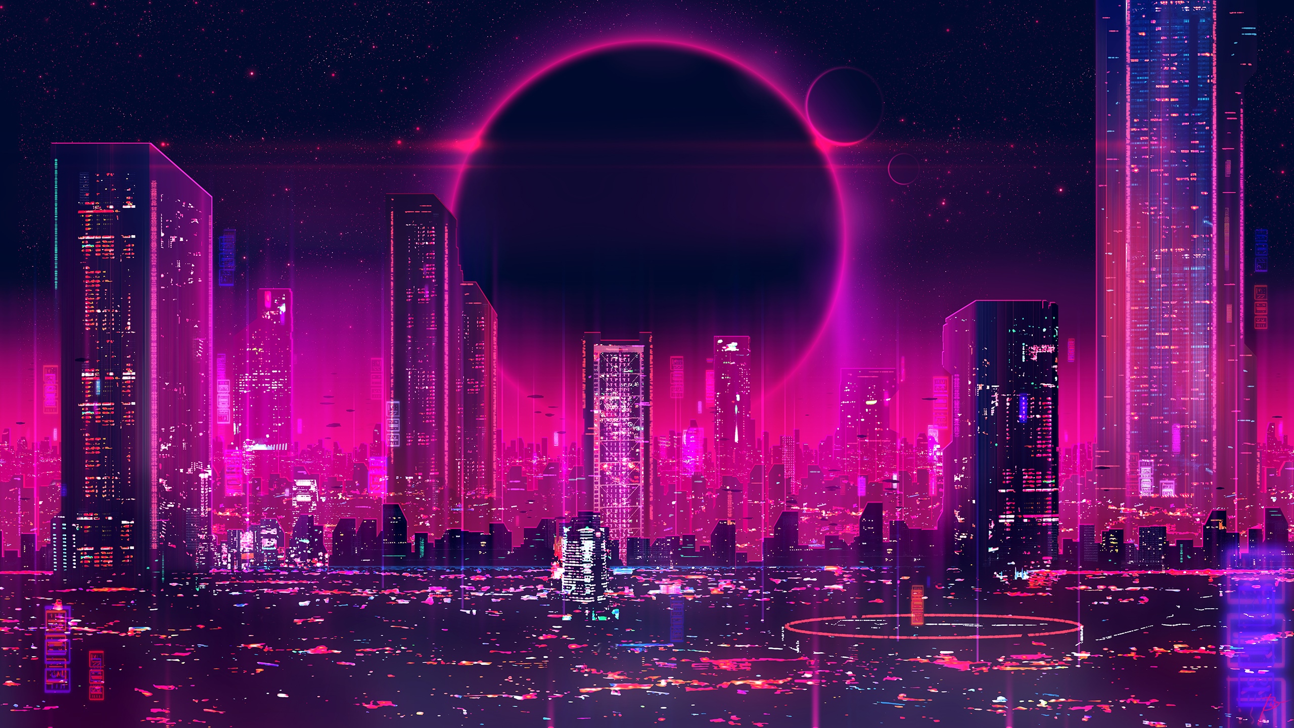 Cyberpunk Cityscape with Neon Eclipse HD Wallpaper
