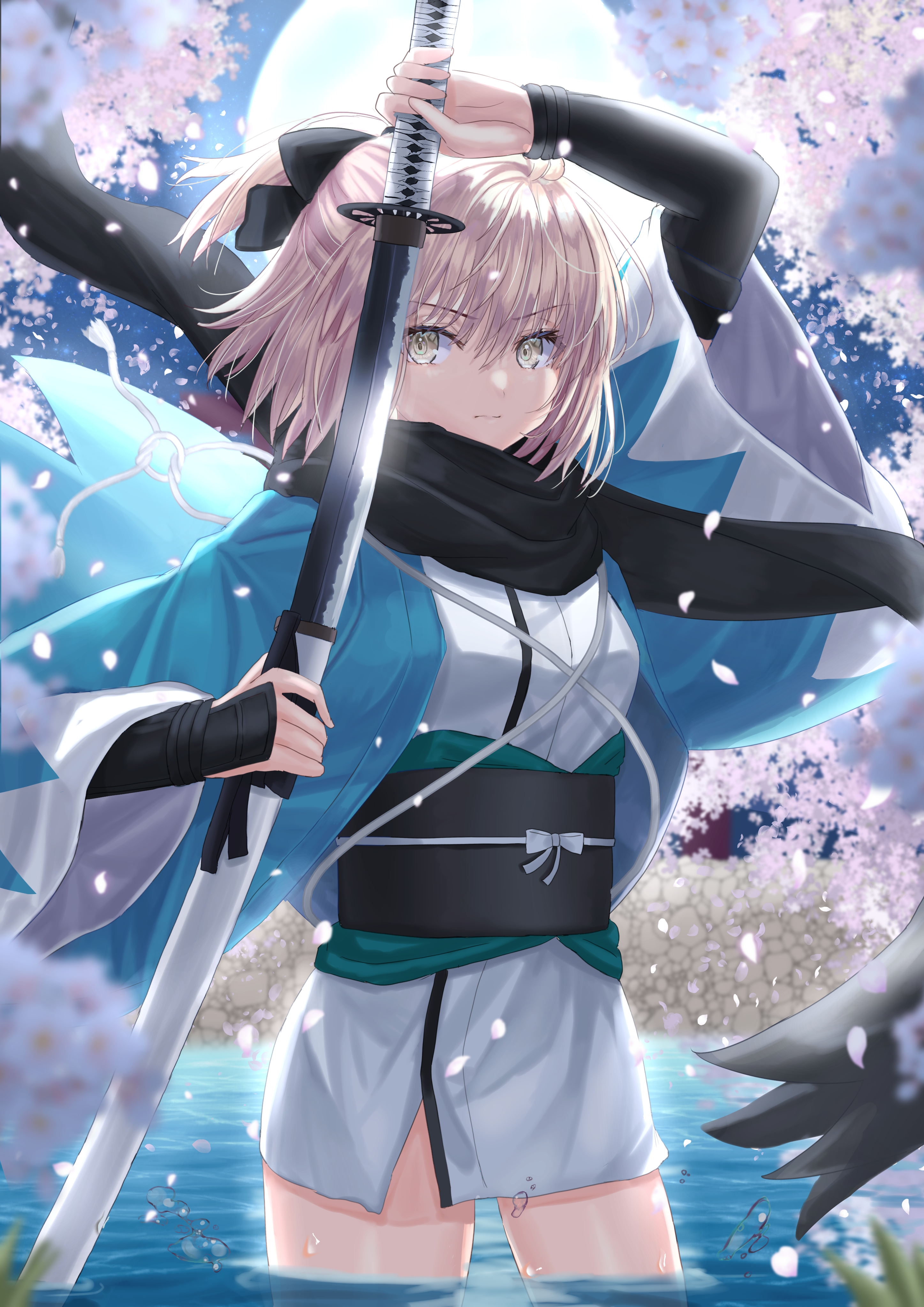 Okita Souji with a katana under cherry blossoms HD Phone Wallpaper