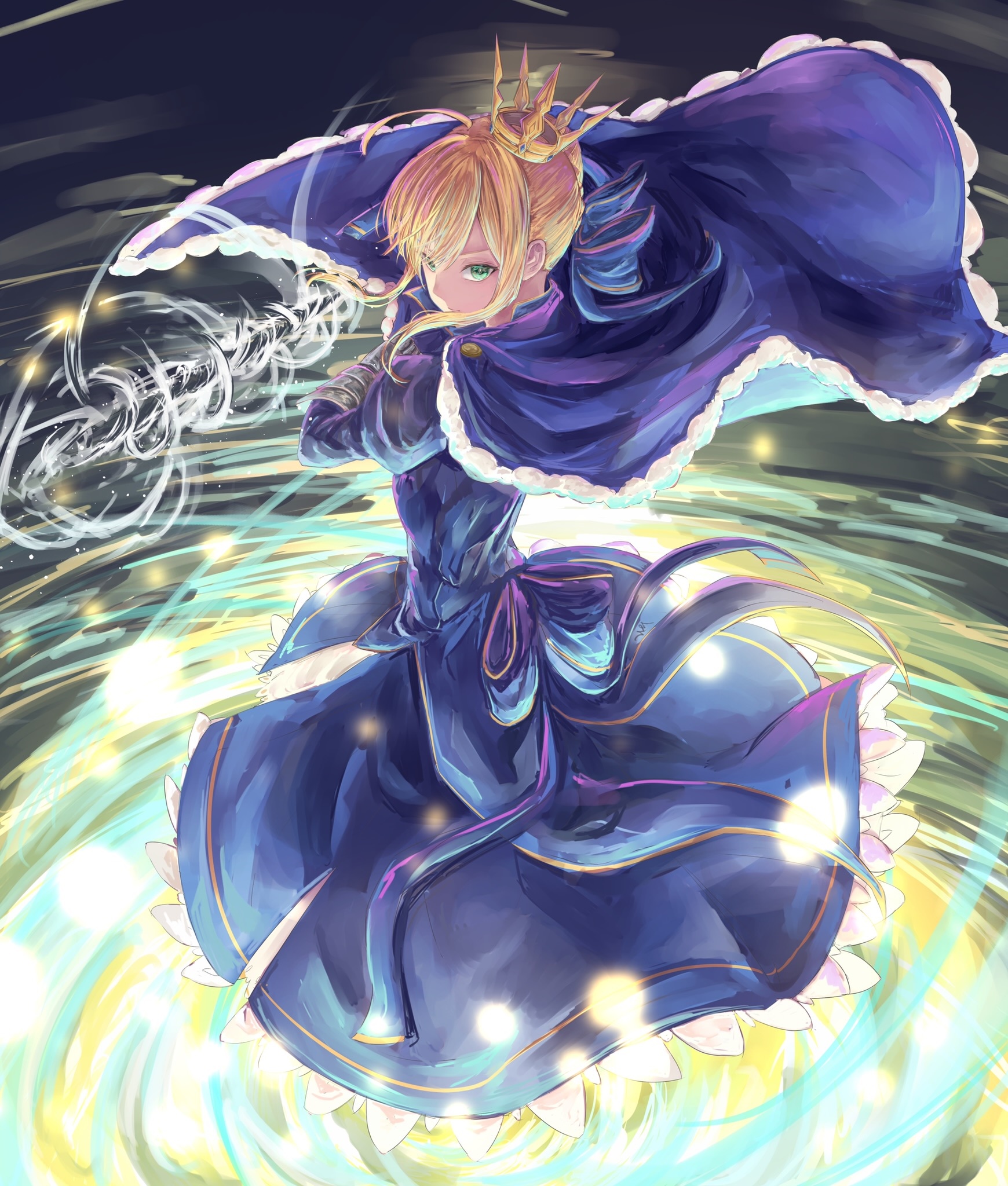 Artoria Pendragon in a blue dress with a cape HD Phone Wallpaper