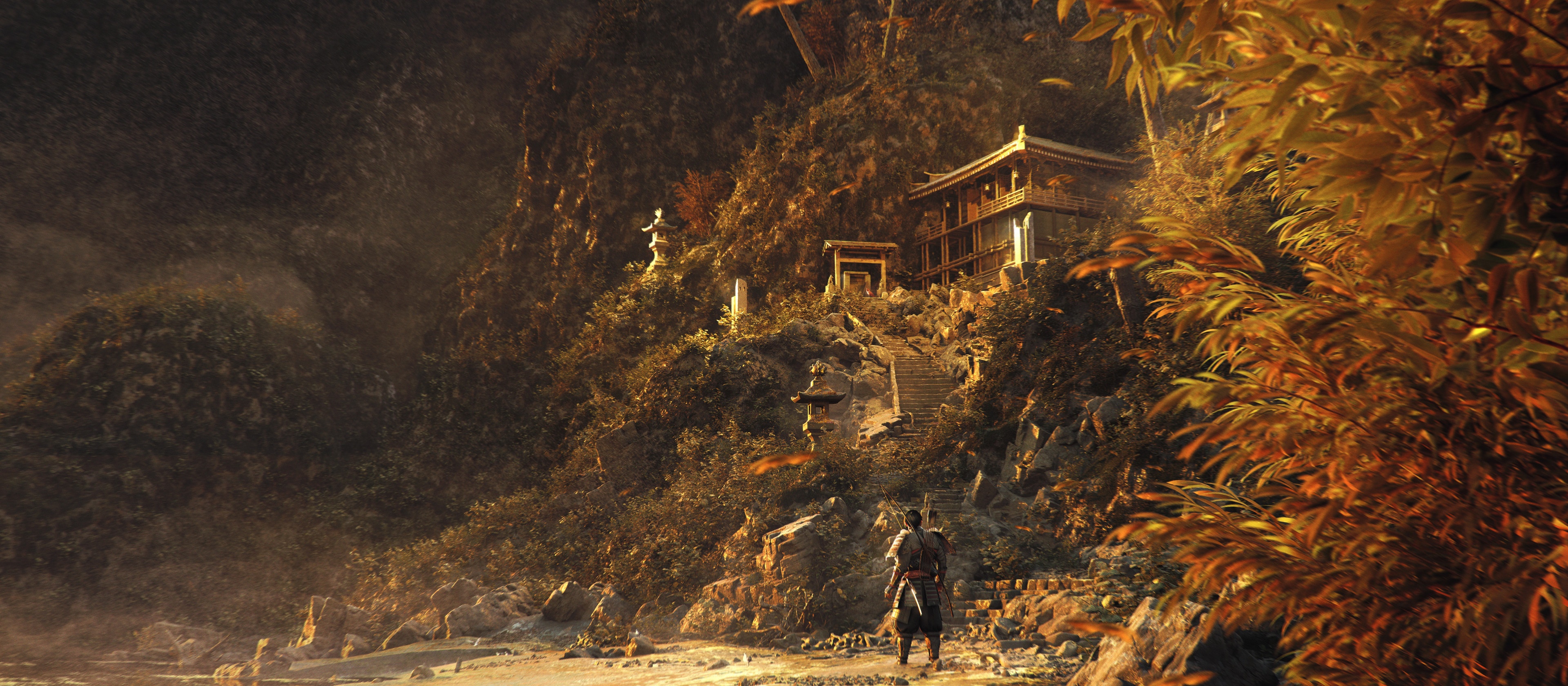 4K Ghost of Tsushima temple on a mountainside HD Wallpaper