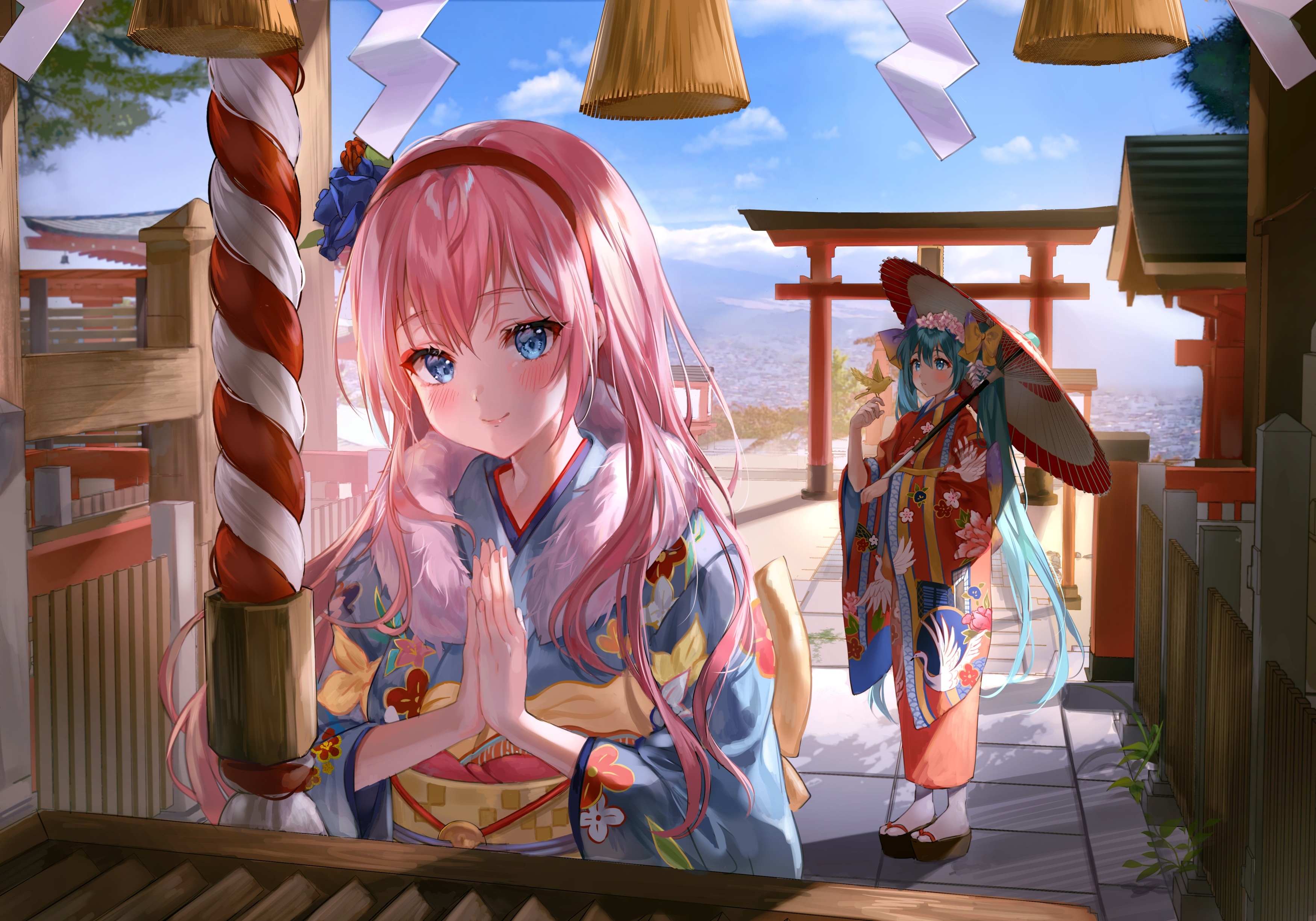 Hatsune Miku and Megurine Luka at a Japanese Shrine HD Wallpaper