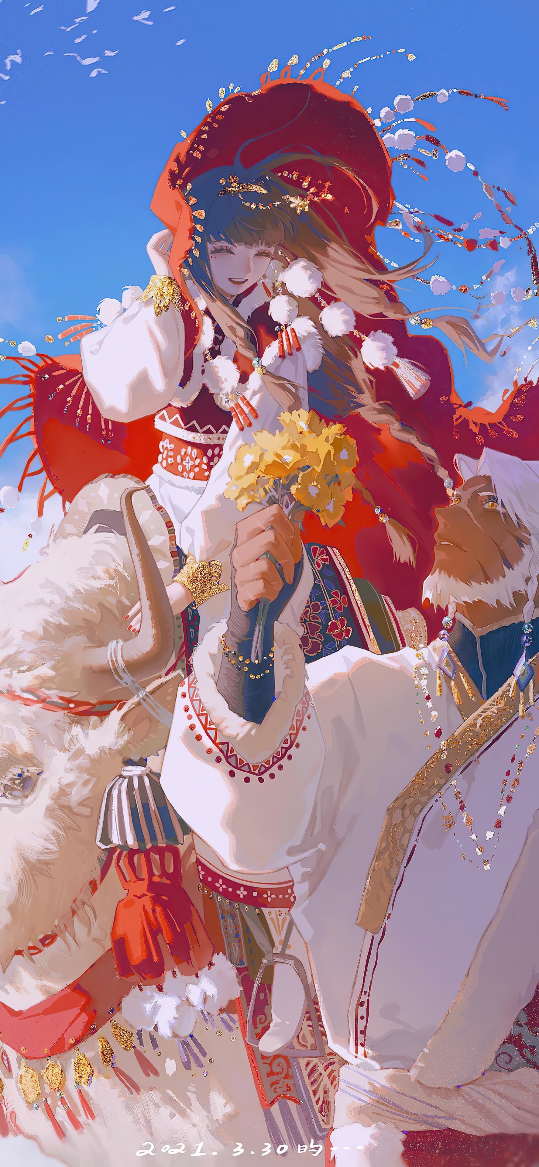 Illustration of a woman in red riding a yak HD Phone Wallpaper